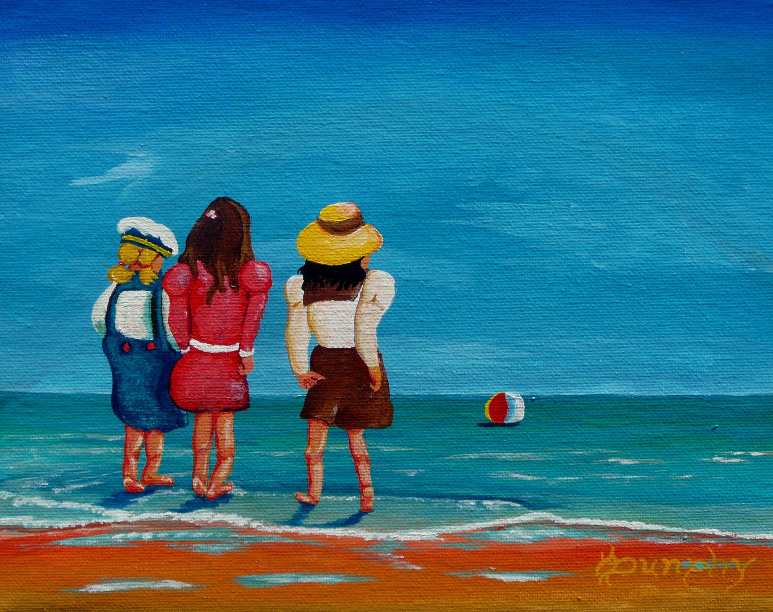 These three little girls had been enjoying their day at the beach while playing with their ball when the ball was hit into the sea and slowly floats out of their reach as they watch it slowly receding from their view.     This painting has been