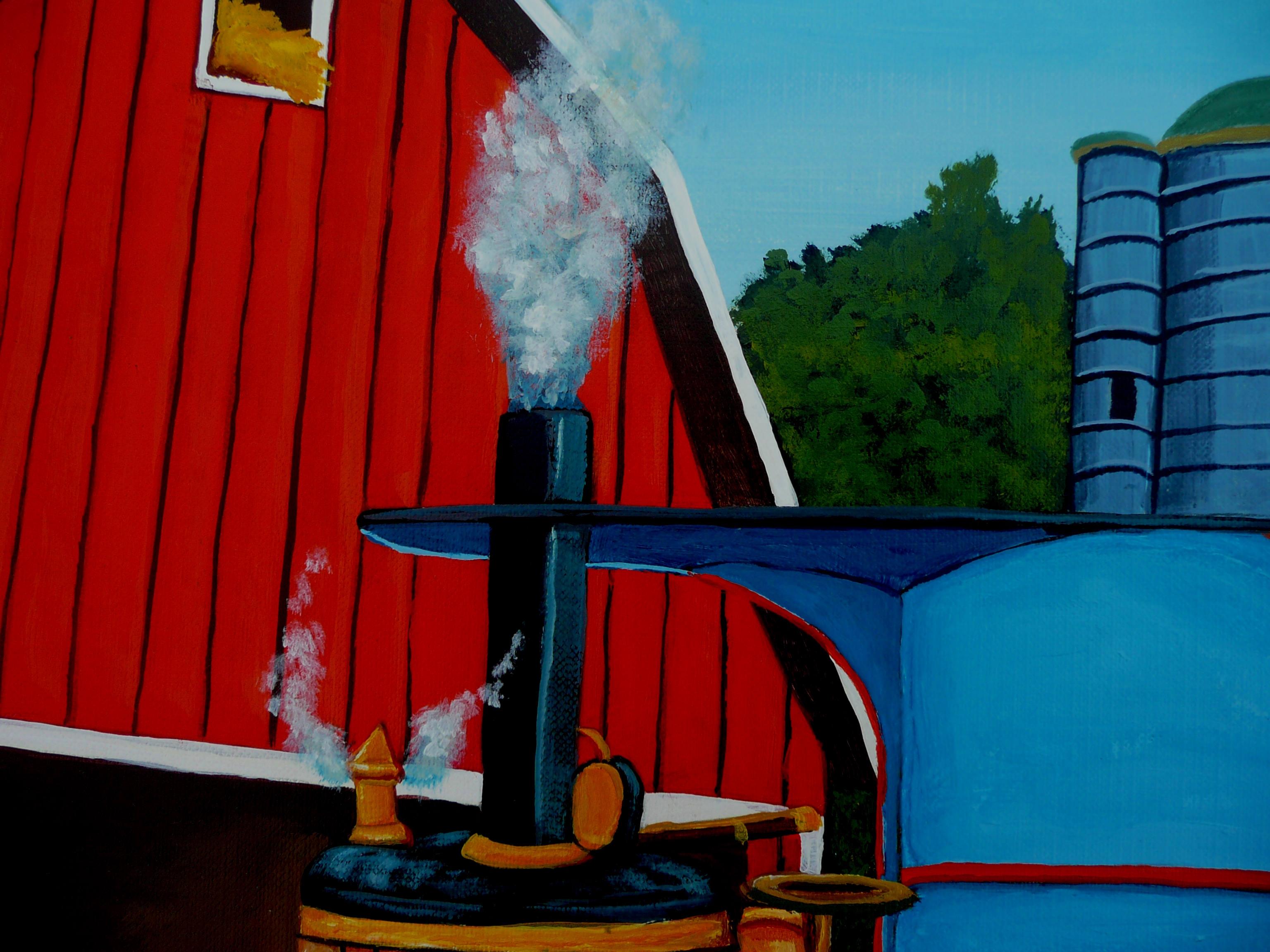 This is a nostalgia piece showing a farm lady about to get into her steam driven car. Note the brass pressure release valve steaming.     This piece has been created using only professional grade acrylics on archival quality canvas paper. The
