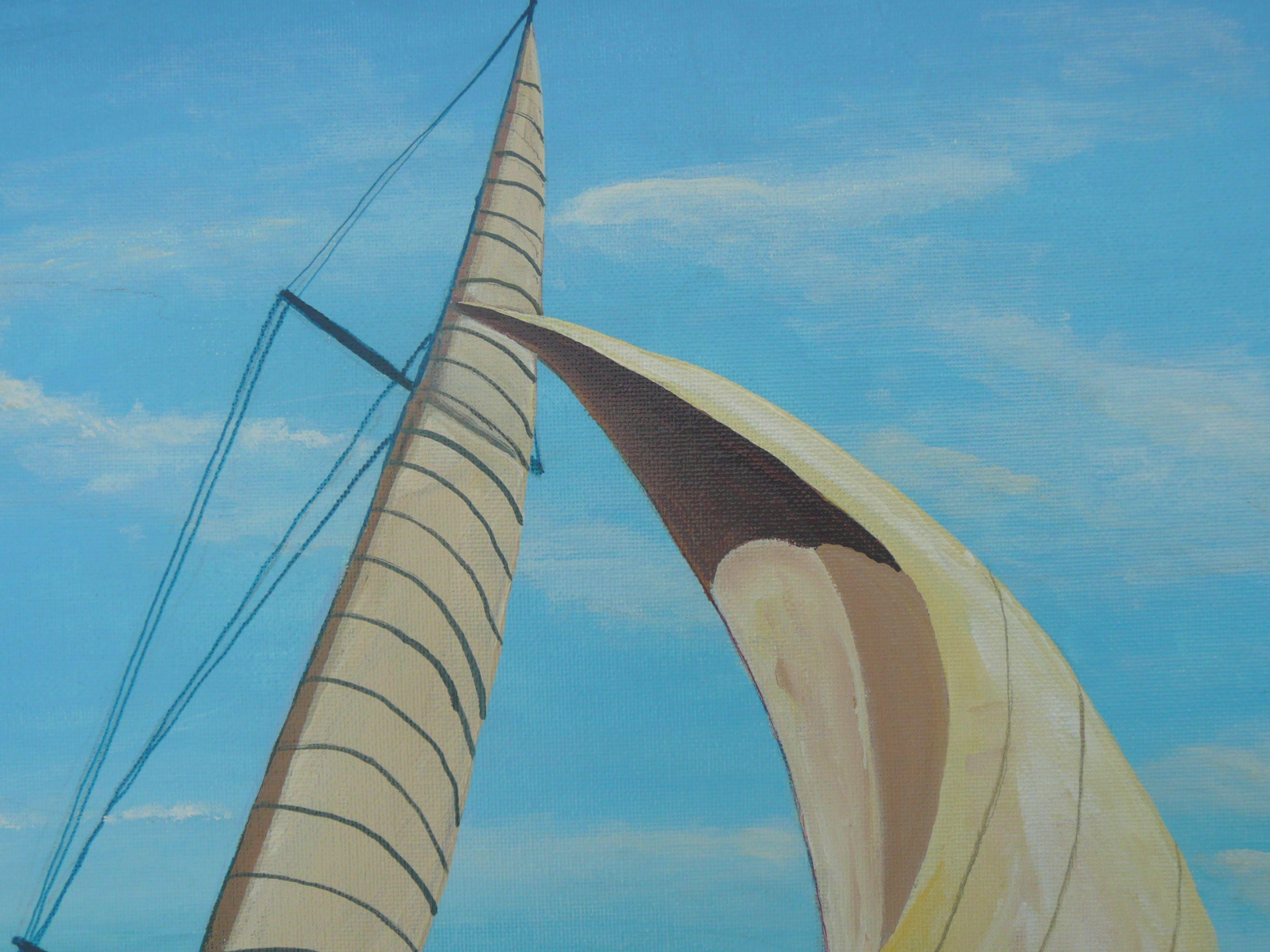 A pair of sailing yachts are going full out in a race with the wind over the sea with their spinnakers fully extended for maximum effect. Very exciting ride!! This sailing painting has been created using professional grade acrylics on archival flat