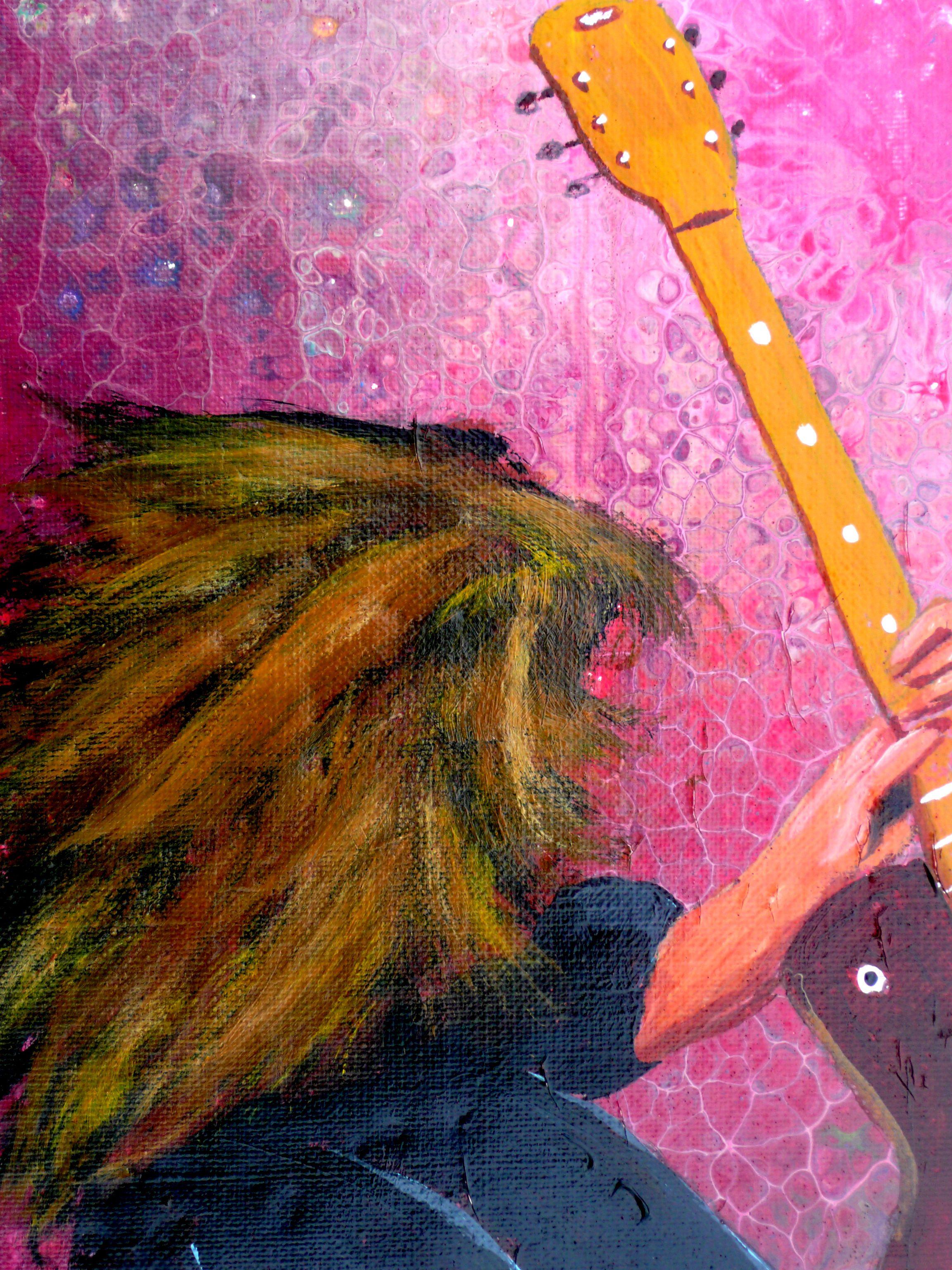 This is a painting of a man playing an electric guitar in the rock style. He is very expressive . This painting has been created using an acrylic pour for the wild, 70s vibe for the background. :: Painting :: Abstract :: This piece comes with an