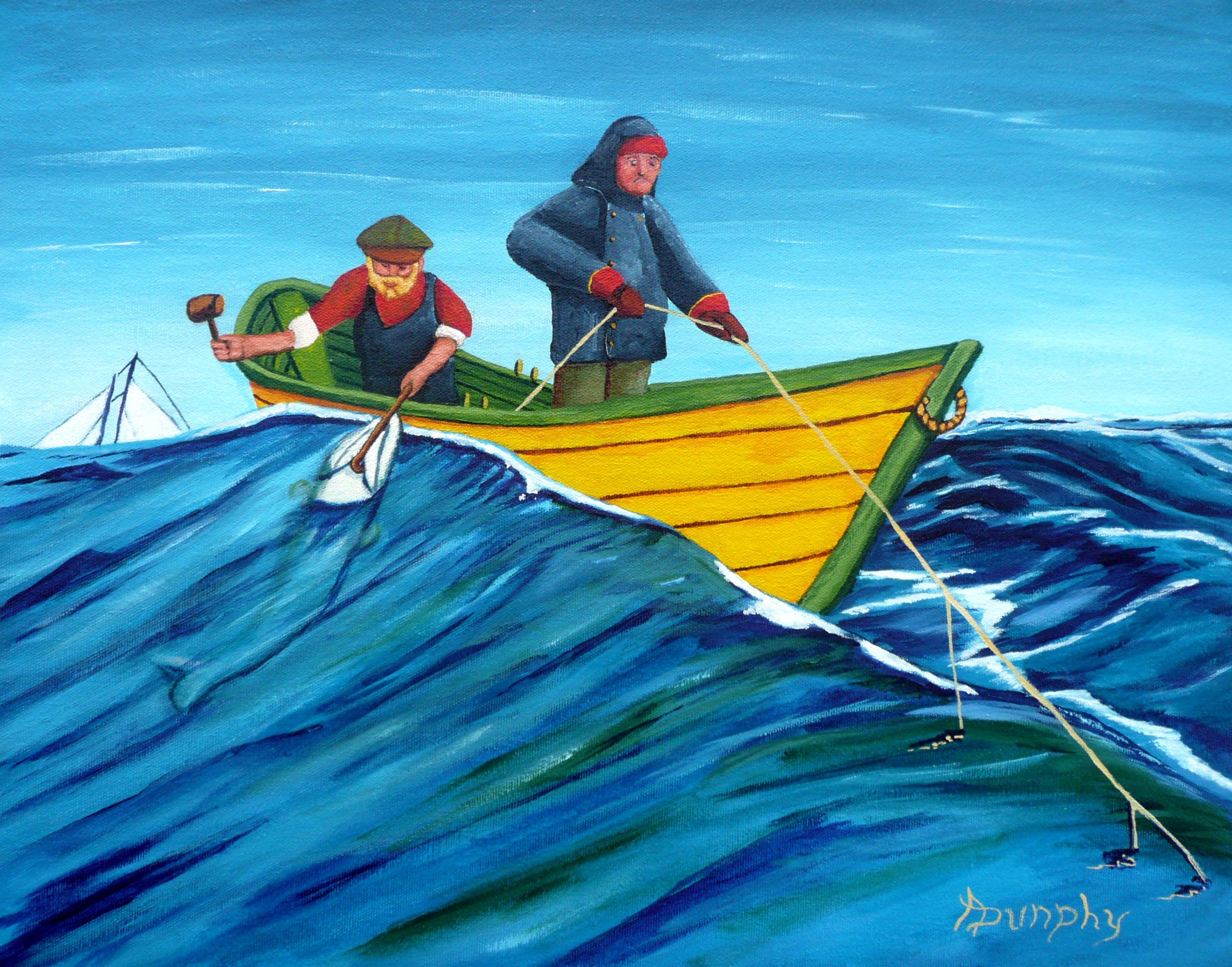 On the Grand Banks, off the coast of Newfoundland, fishermen leave their schooners to board their dories in pairs to catch cod using handlines. This maritime painting has been created using professional grade acrylics on un-stretched canvas and has