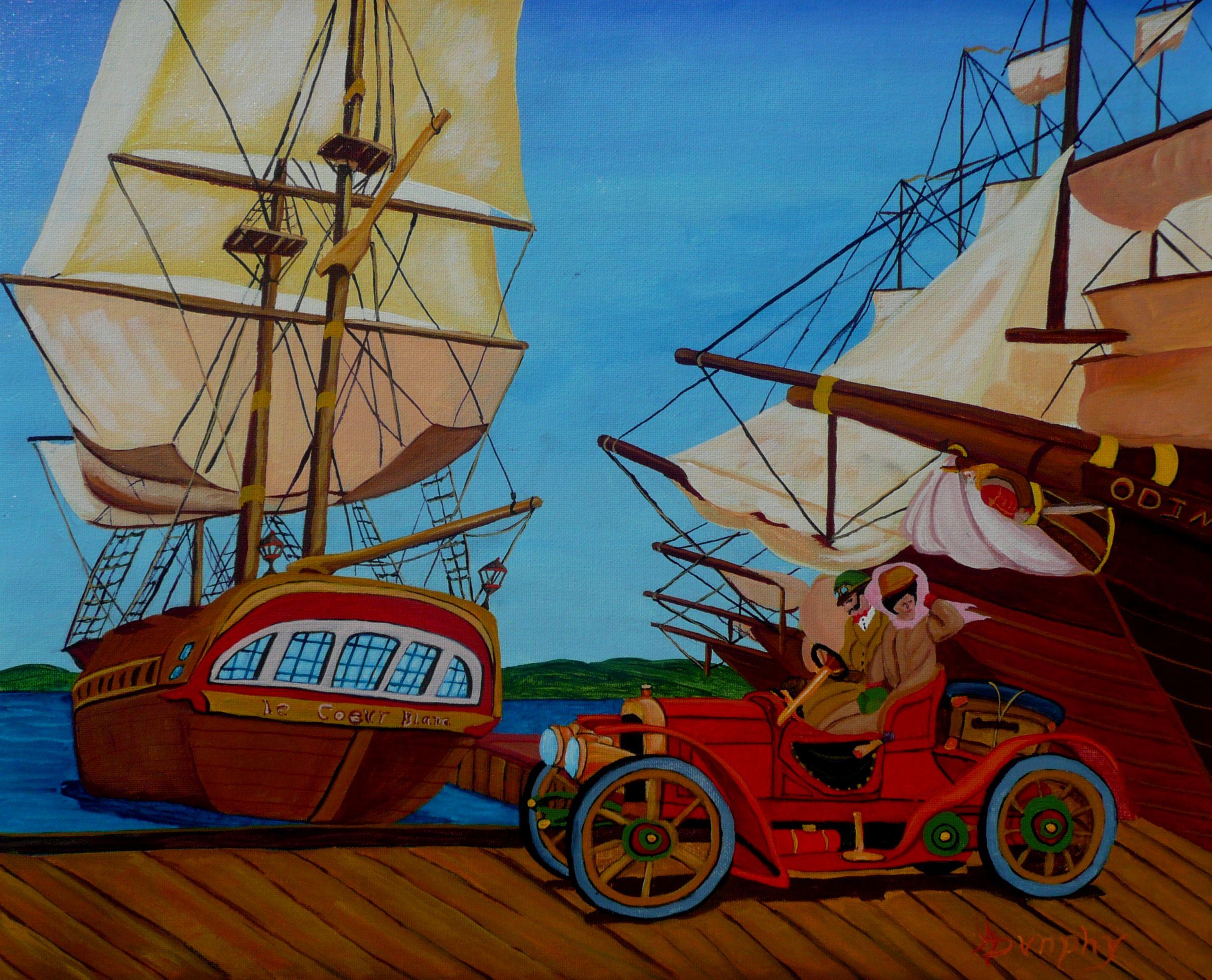 A couple in a classic car from the turn of the 18th century are taking a drive along the harbour front to see the ships in port.     This period piece was created on canvas using professional grade acrylics. The painting is 16X20 inches or 40X50