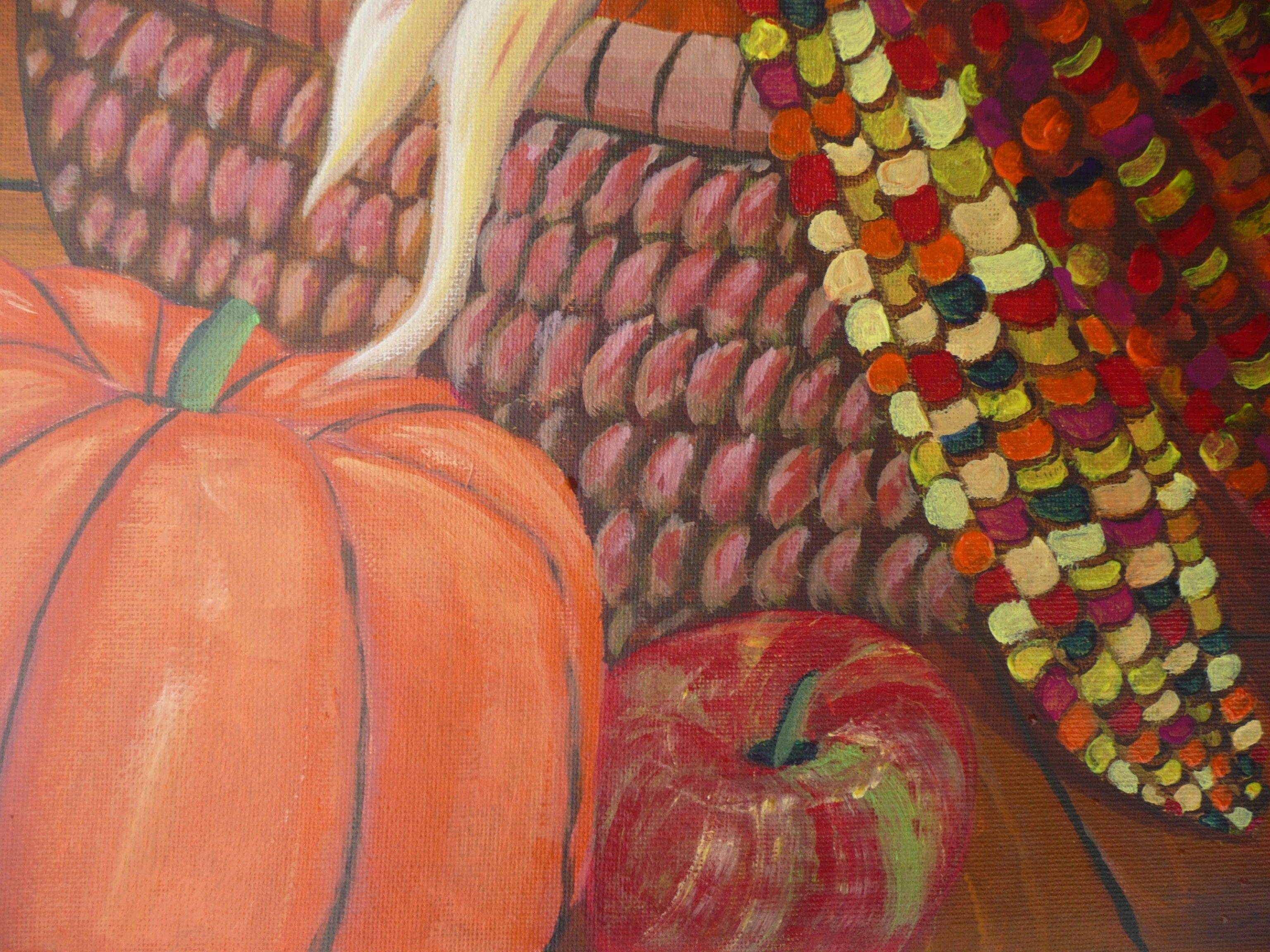 Ein herbstlicher Korb mit Ernteprodukten wie Mais, Äpfeln und Kürbis. Dieses saisonale Gemälde wurde nur mit professionellen Acrylfarben auf einer ungespannten Leinwand im Format 16x20 Zoll gemalt: Gemälde :: Impressionist :: Dieses Werk wird mit