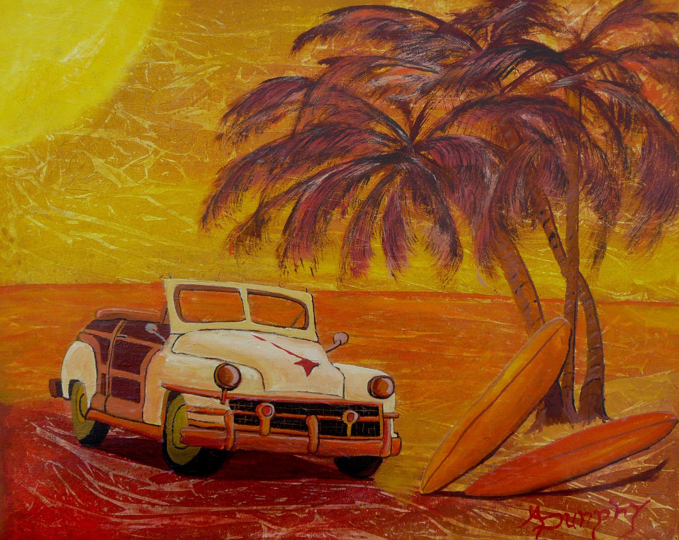 This is a painting of a classic Woody or Chrysler Town and Country sitting on a beach at sunset with a few surfboards under palm trees. The texture has been created using a new technique I recently learned. With it I can give the painting the