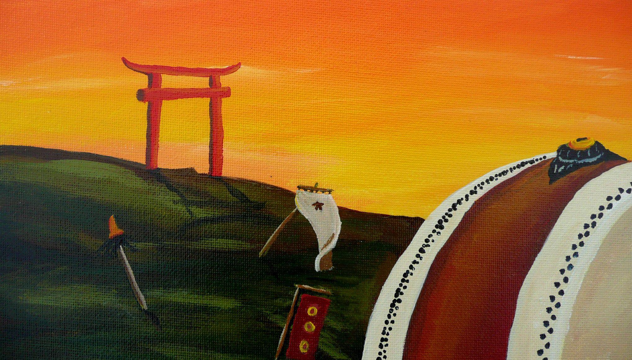 The Taiko drum was used during war to swell the warriors heart and create an atmosphere of ferocity. Samurai in Japan used this weapon well. This cultural piece has been created in Japan from professional grade acrylics on a sheet of un-stretched