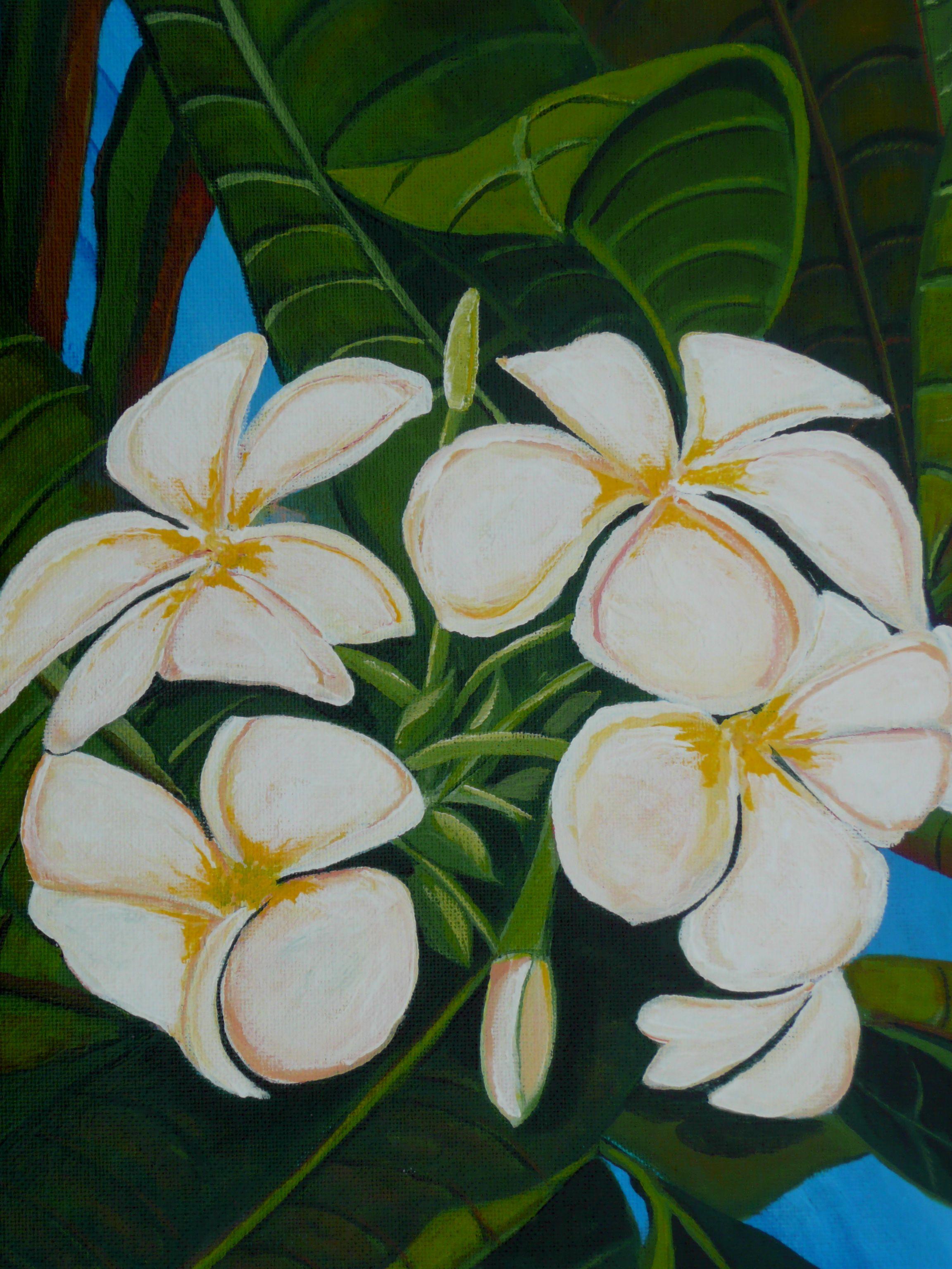 A cluster of frangipani in a tree. This tropical scene was captured on the island of Guam on my recent vacation there. These flowers are popular in Hawaii as well for making lei. This floral painting has been created using professional grade