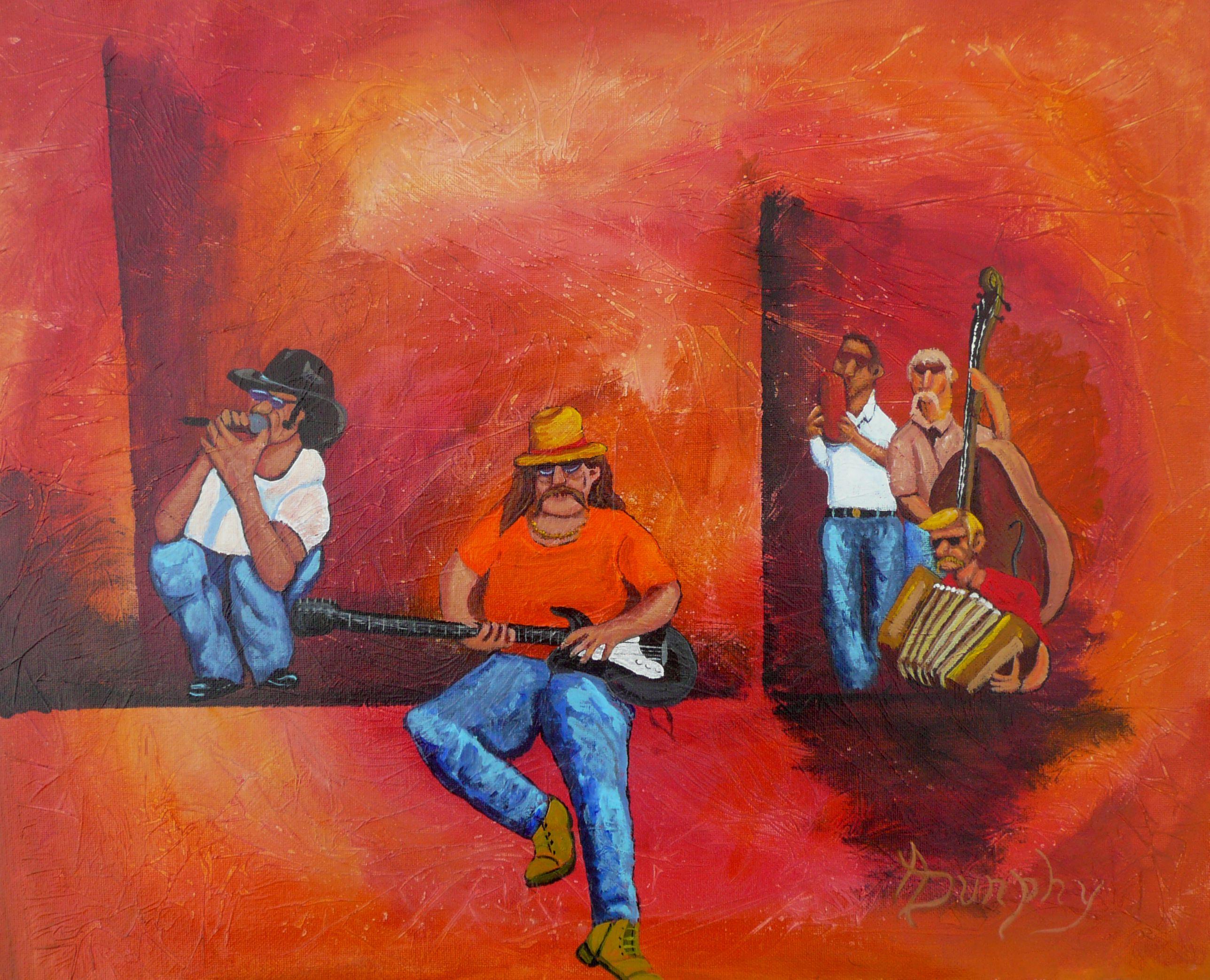 This piece is called Jam Session as it encompasses two different types of musicians, country and Latin, together for a go at a new sound. I have incorporated a textured background to this painting which feels right.    This painting is 16X20 inches,