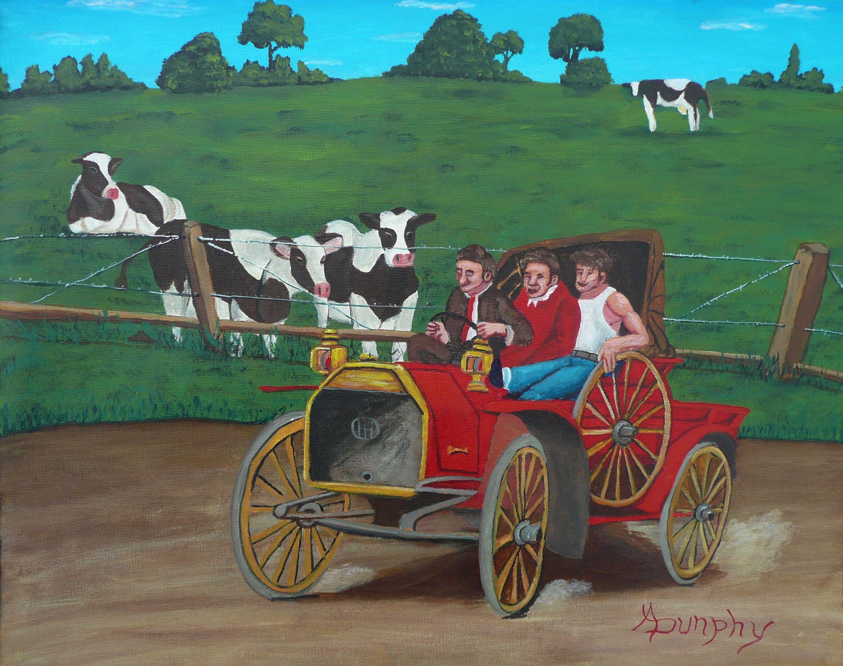 These boys think they are having a wild time as they zip along the country dirt road in 1910  doing a blistering 8 MPH but the cows do not appear to be so impressed. This painting has been created using only professional grade acrylics on a sheet of