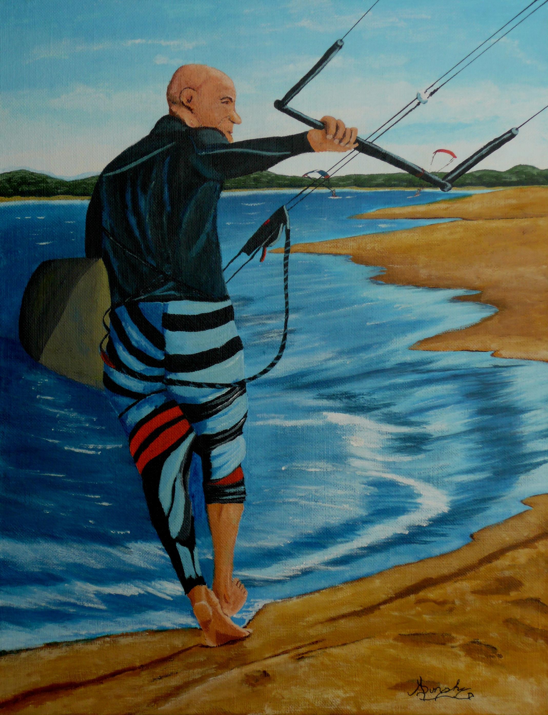 Looking to fill your space with excitement?  In this painting you can walk along with a kite surfer on the beach after a great ride of harnessing the wind to the board under his feet. :: Painting :: Contemporary :: This piece comes with an official