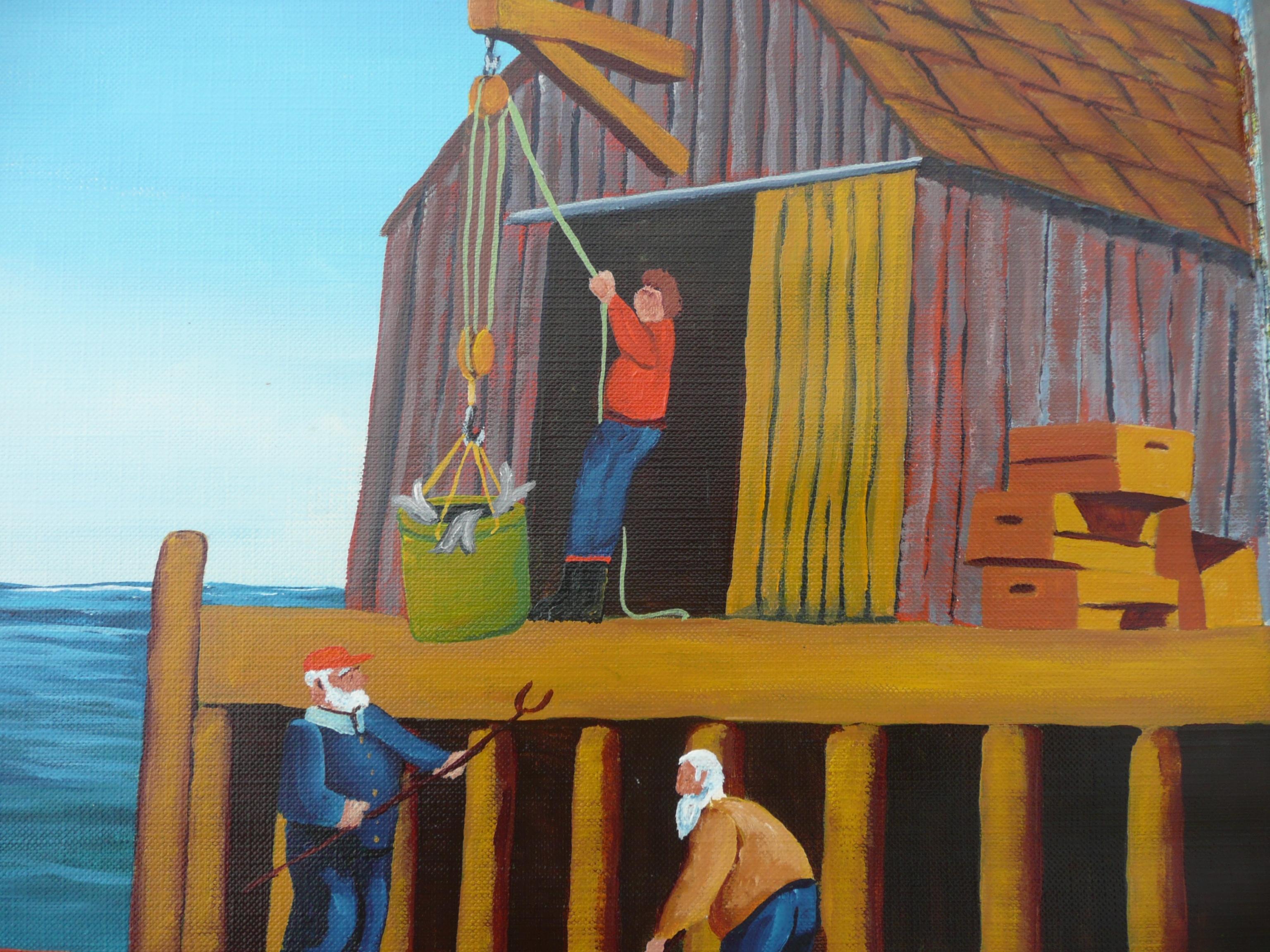 This acrylics on archival quality canvas paper painting depicts a two man crew of a dory landing their catch of fish at their fishing stage while another fisherman waits his turn.     This paiinting is 12 inches high and 16 inches wide which equates