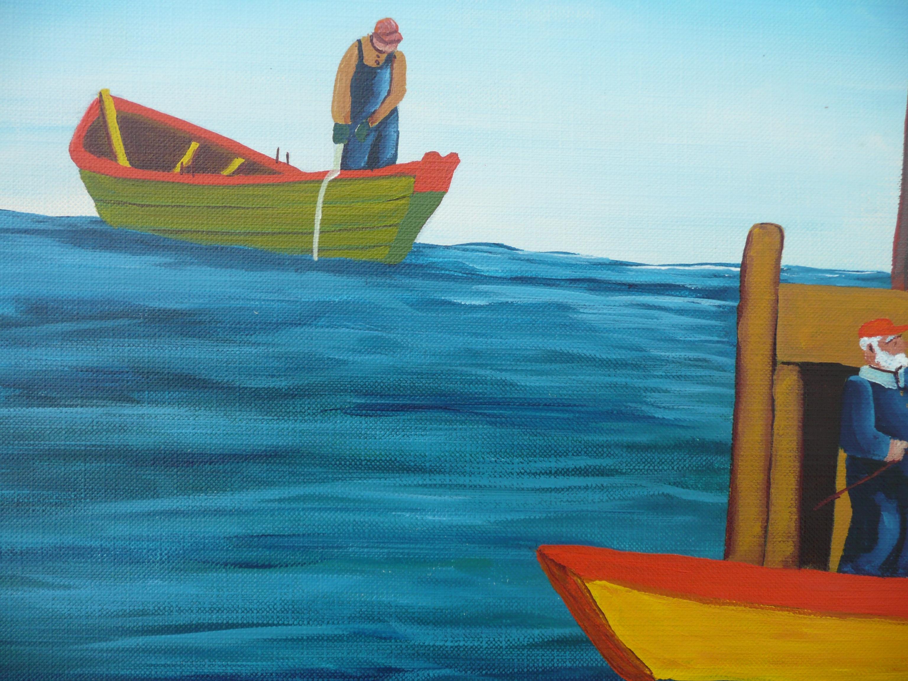 Landing the Catch, Painting, Acrylic on Paper For Sale 2