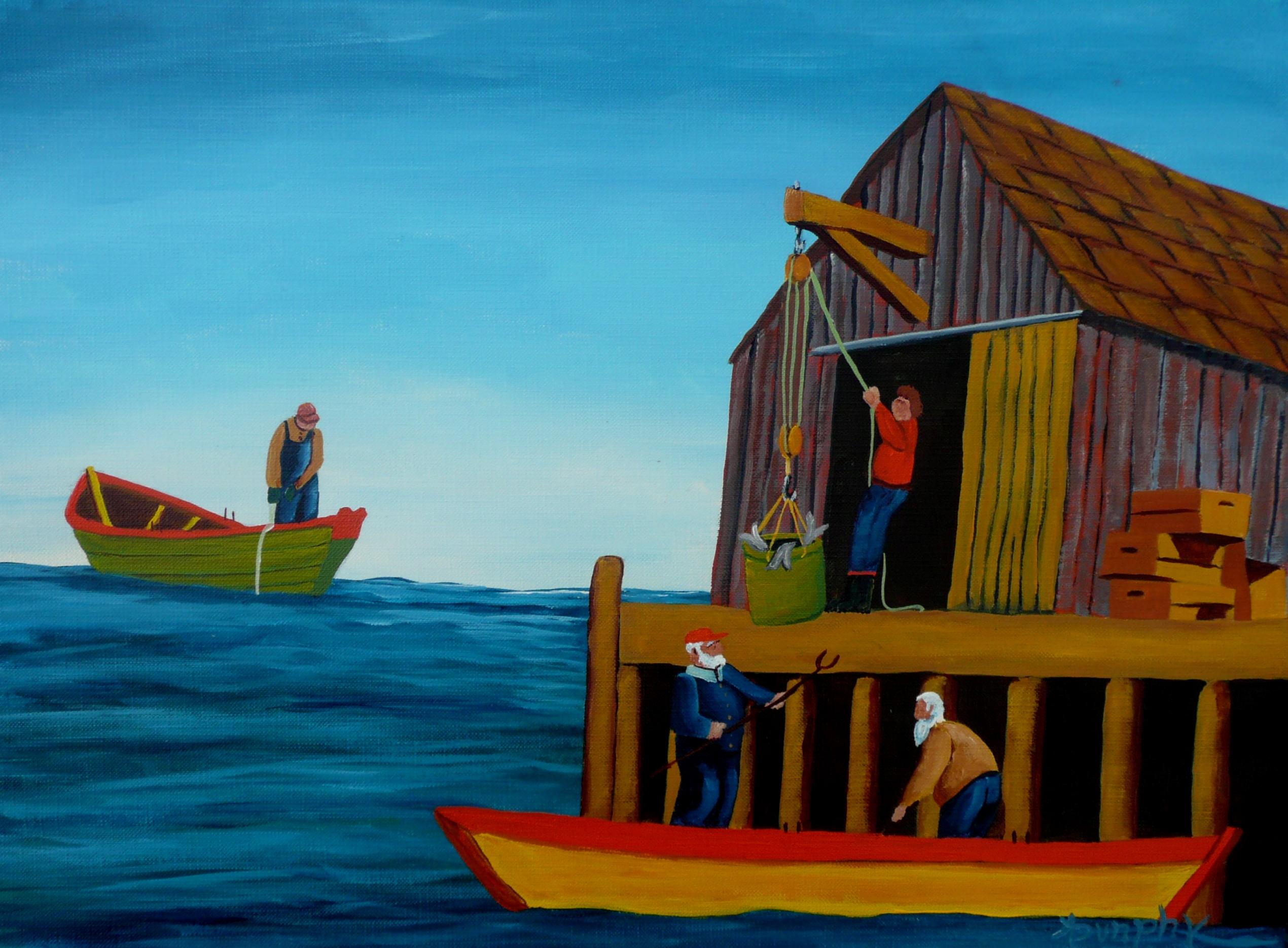 This acrylics on archival quality canvas paper painting depicts a two man crew of a dory landing their catch of fish at their fishing stage while another fisherman waits his turn.     This paiinting is 12 inches high and 16 inches wide which equates