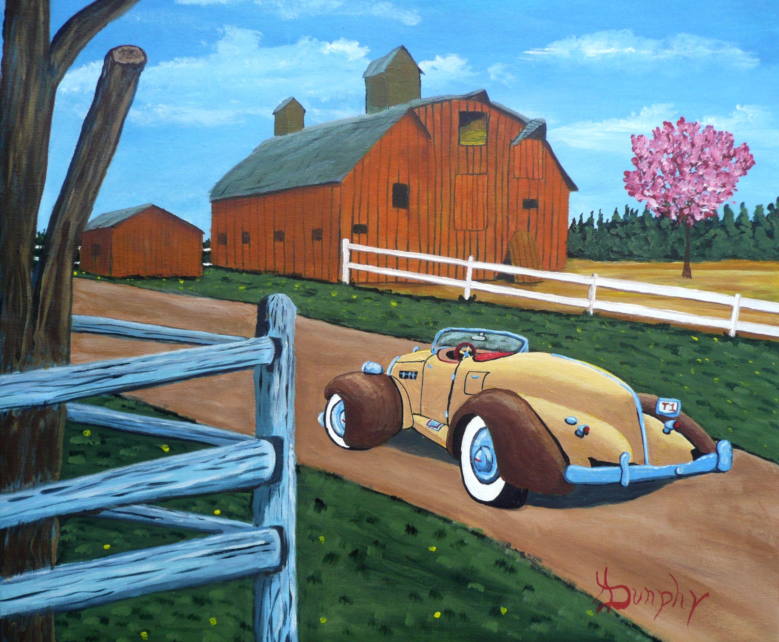 The sweeping curves of the art deco classic car are in juxtaposition with the severe lines of the austere rural constructions.   This interesting landscape is a study of form and constructions in daily life. The painting was created using all