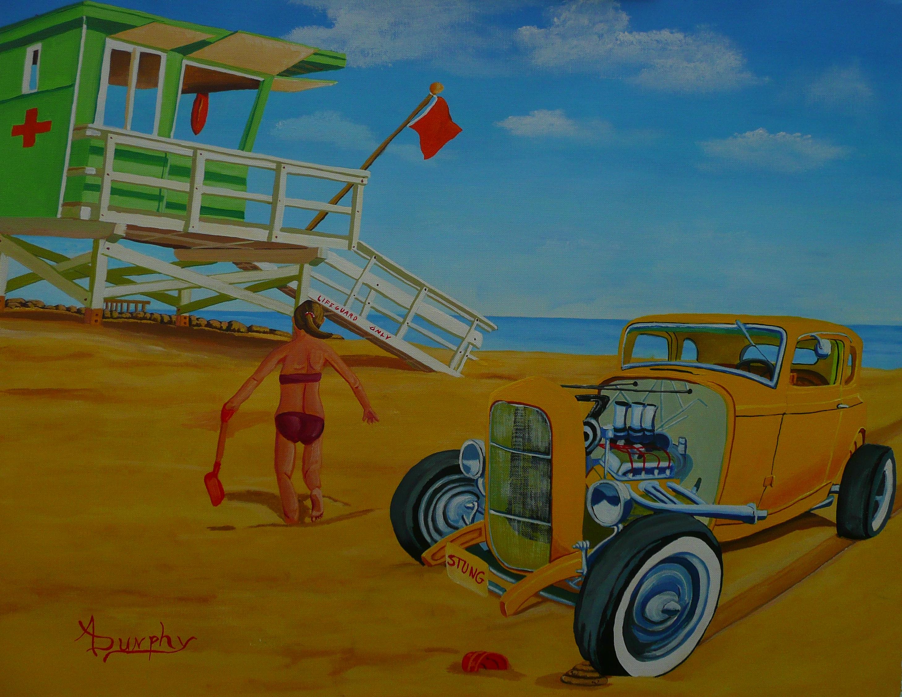 The third in a series called STING,STANG and now STUNG! This car has parked on the little girls sand beehive so she is going to complain to the lifeguard. :: Painting :: Contemporary :: This piece comes with an official certificate of authenticity