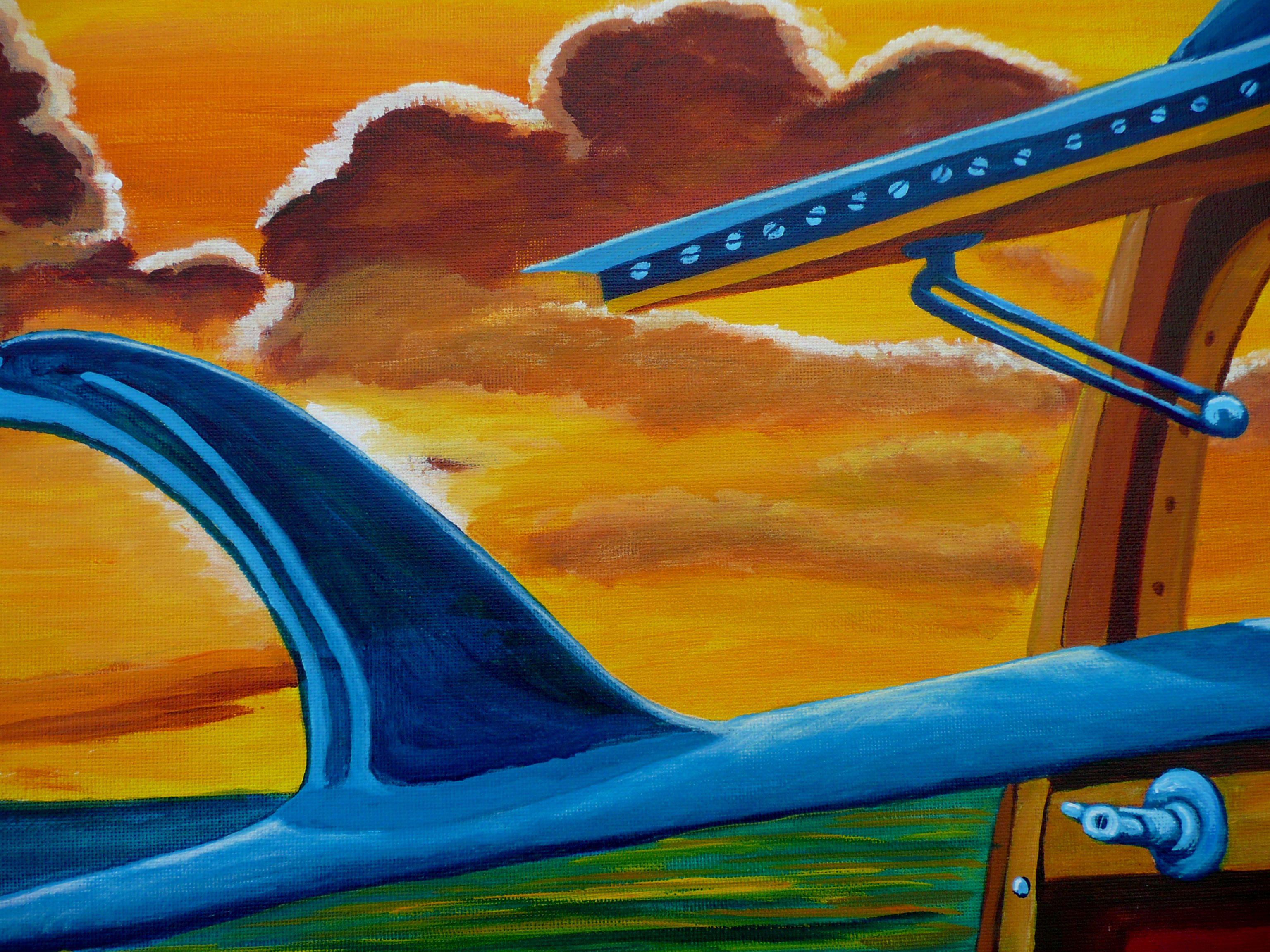 As the sun rises in the golden California sky a surfer is arriving with a board hanging out the back window of a classic Town and Country wagon known as a Woody.  This painting has been created using professional grade acrylics on flat canvas and