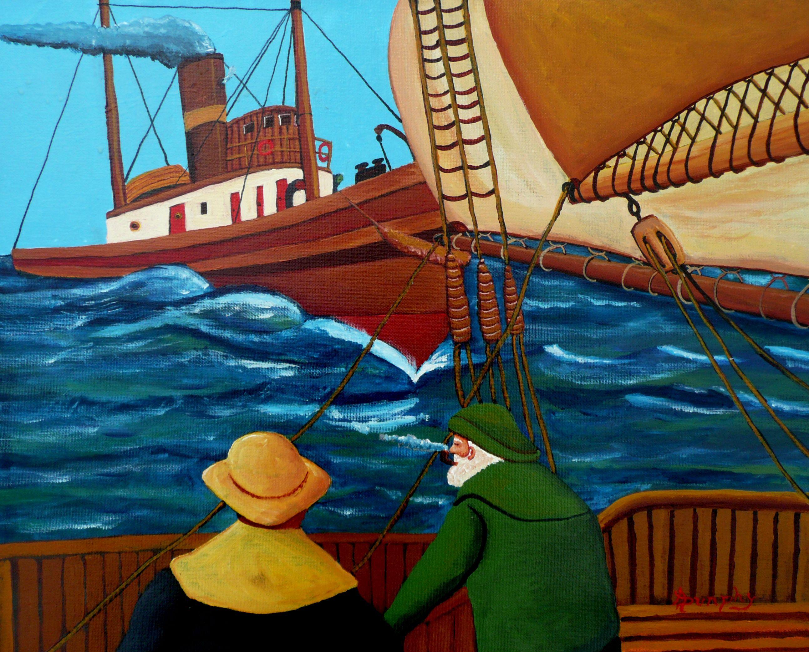 Two ships, one a sailing vessel and the other a steam ship meet on the ocean and move within hailing distance to speak to each other in a time before radio communication. This sea painting has been created using professional grade acrylics on