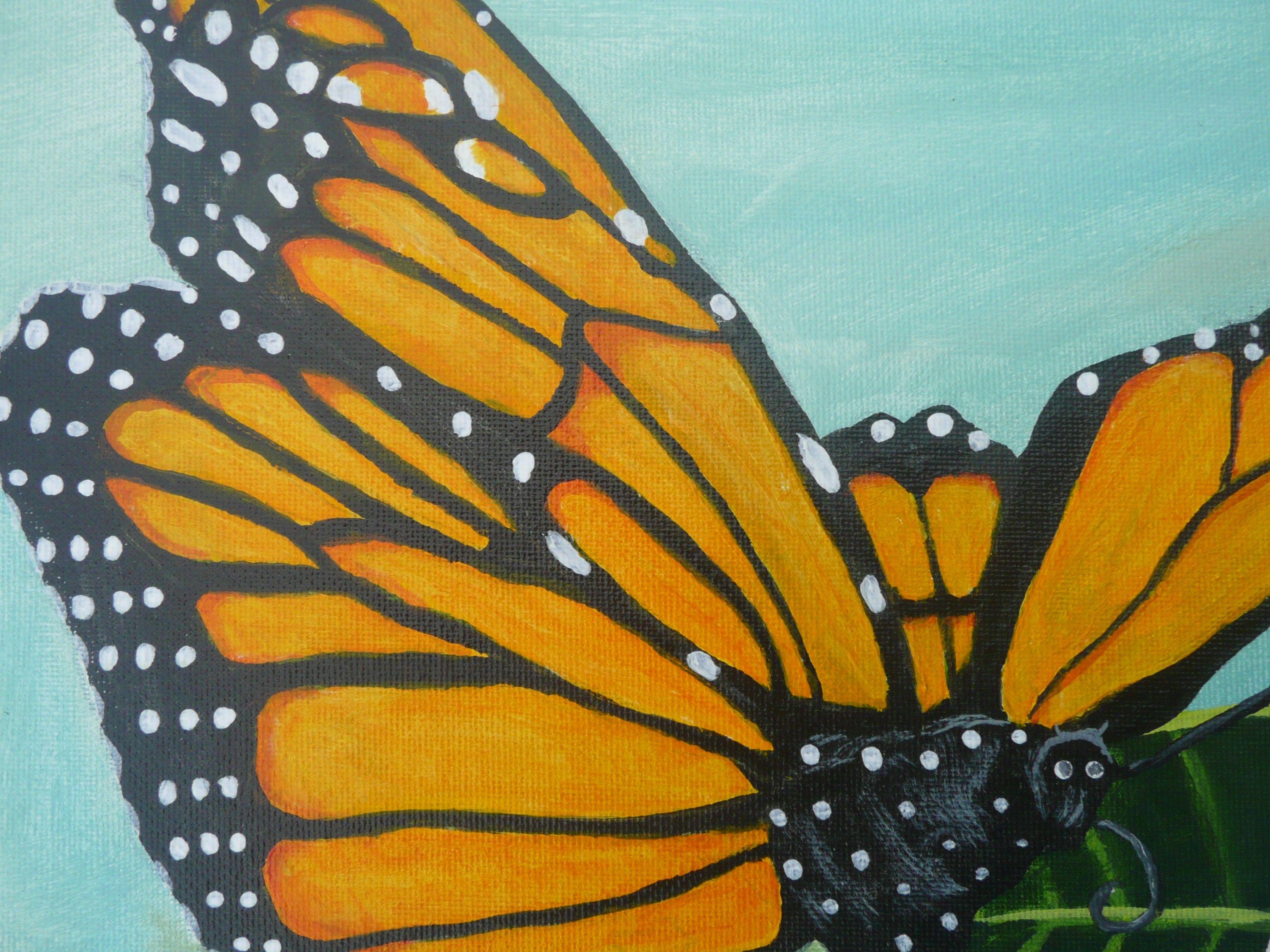 Ein Monarchfalter hat beschlossen, eine Frangipani-Blüte zu besuchen. Dieses Naturgemälde wurde nur mit professionellen Acrylfarben auf einer ungespannten Leinwand gemalt. :: Gemälde :: Impressionist :: Dieses Werk wird mit einem offiziellen, vom