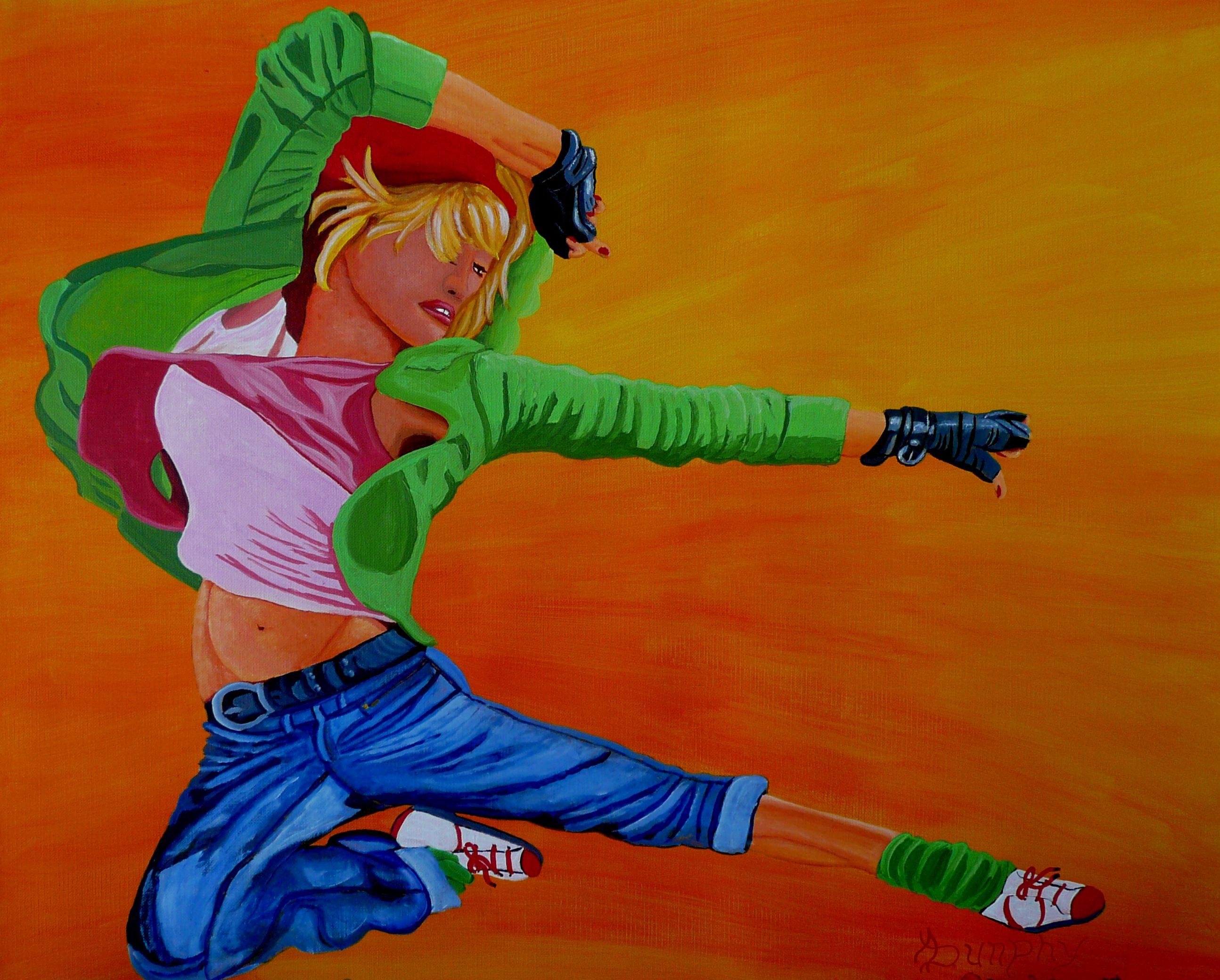 A young girl is performing a high energy modern dance which involves a lot of fast motion and contortions to a throbbing beat.  This painting has been created using professional grade acrylics on 118 lb, archival quality canvas paper. The size is