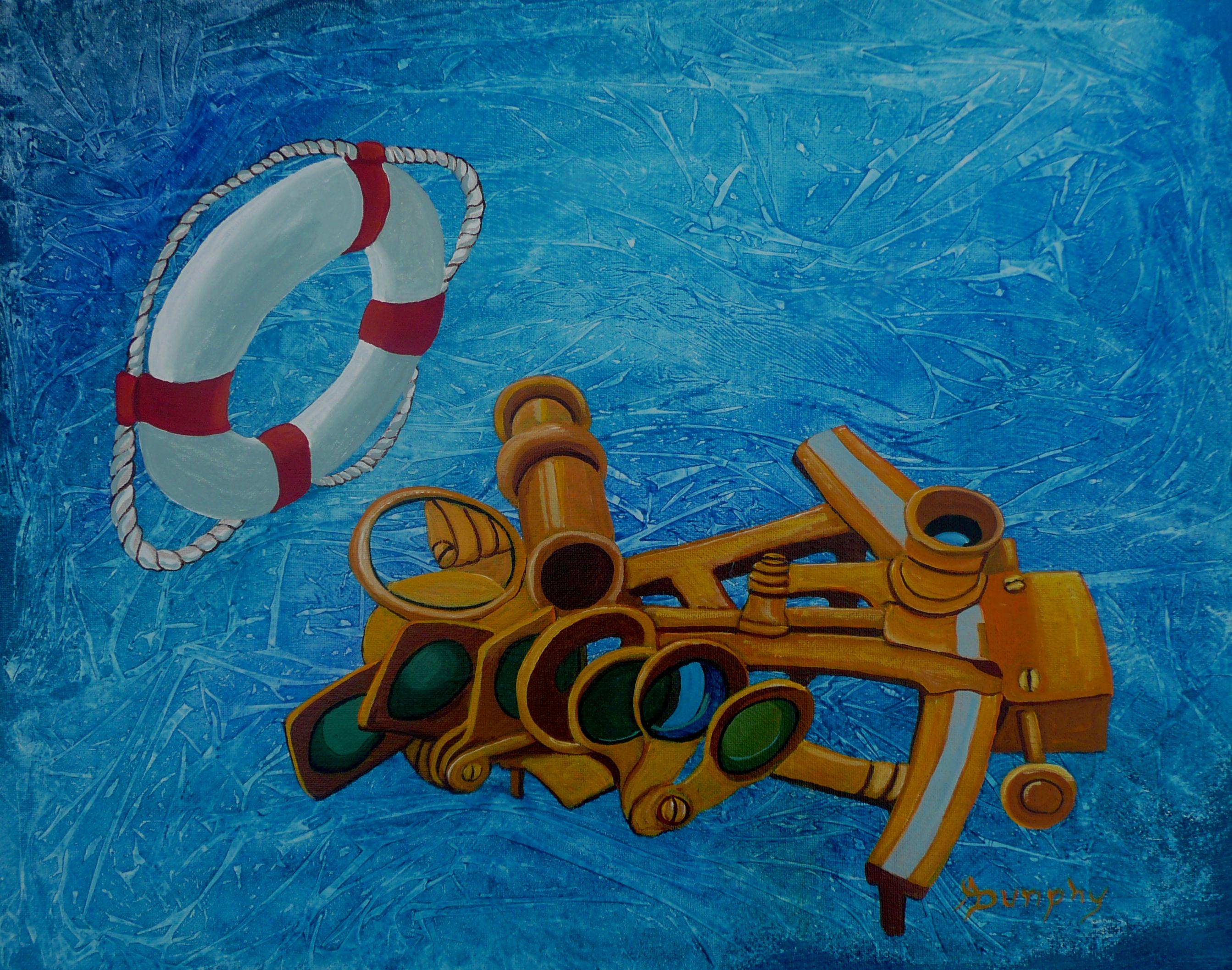 This painting incorporates a new technique I am employing to create the abstract quality background. The life ring and sextent are representative on life at sea.  Â Â  This painting is 16X20 inches or 40X50 centimeters and has been created using