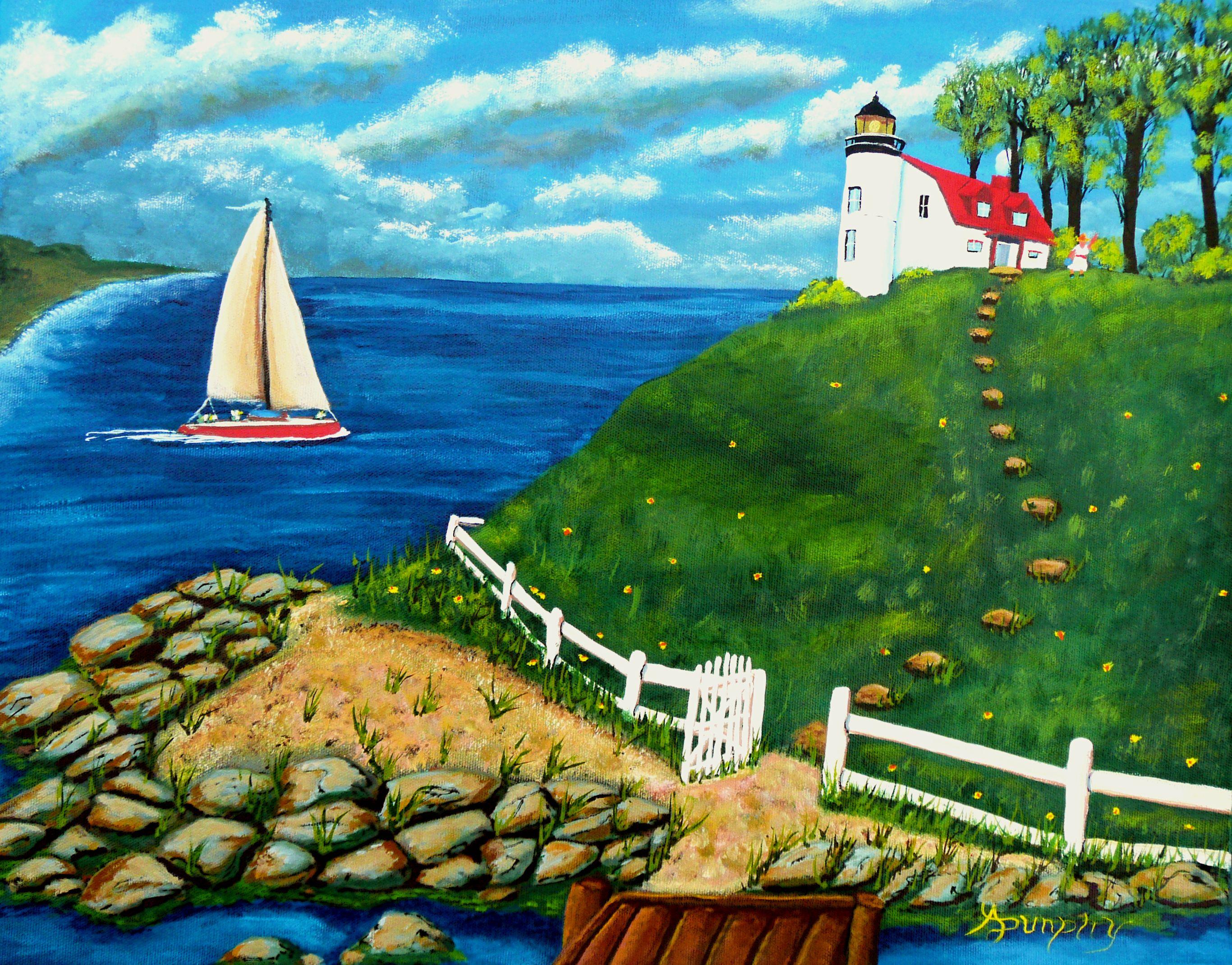 A calm summer day at the lighthouse. The sailboats are on the water. The gate is open to welcome you. This nautical scene has been created using only professional grade acrylics on a sheet of un-stretched canvas with an overall size of 16x20 inches.