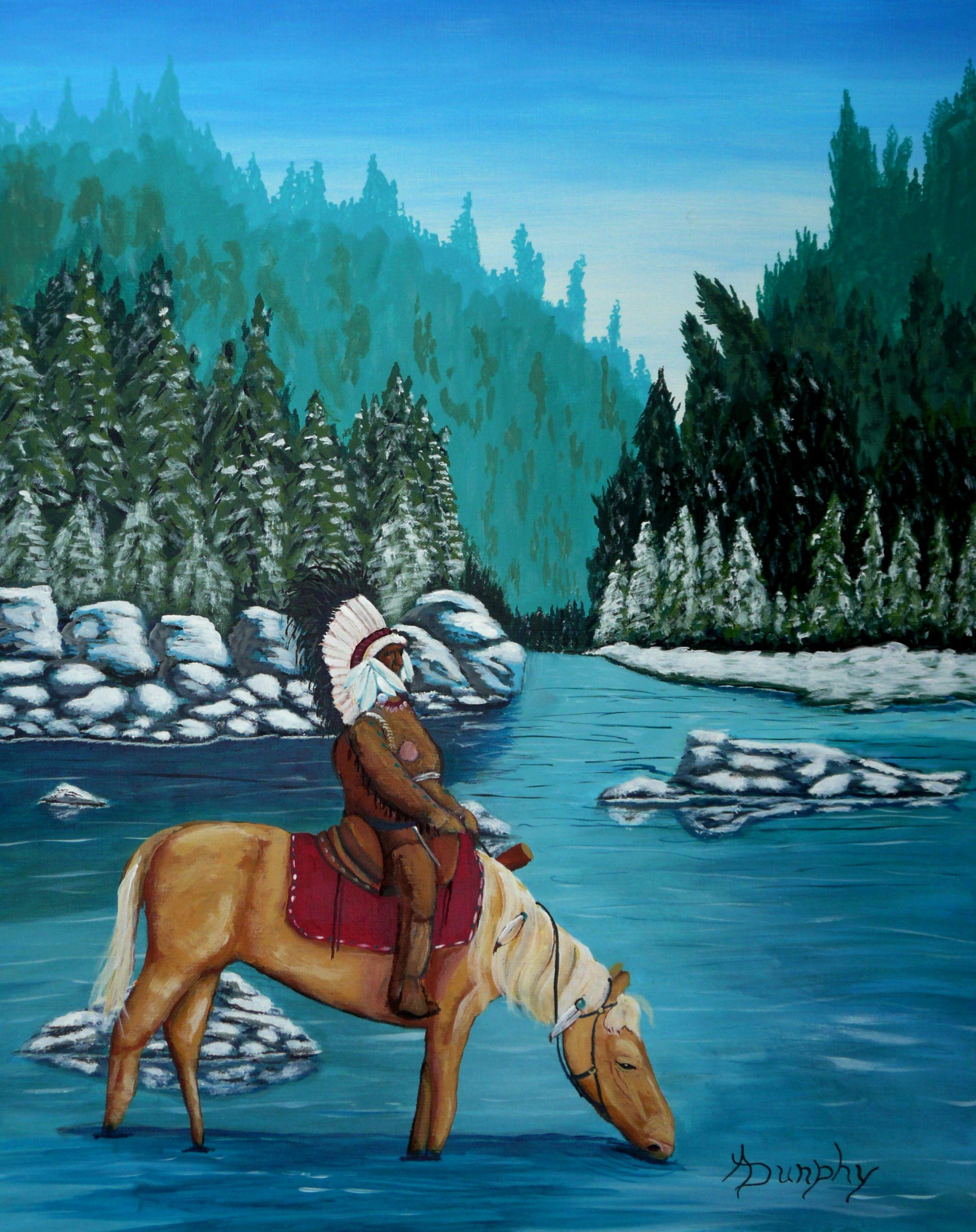 On a cold winter morning a native American pauses beside a stream to give his horse, a Golden Palomino, a drink. The trees are heavy with snow and all around is silent. This serene scene has been created using only professional grade acrylics on a