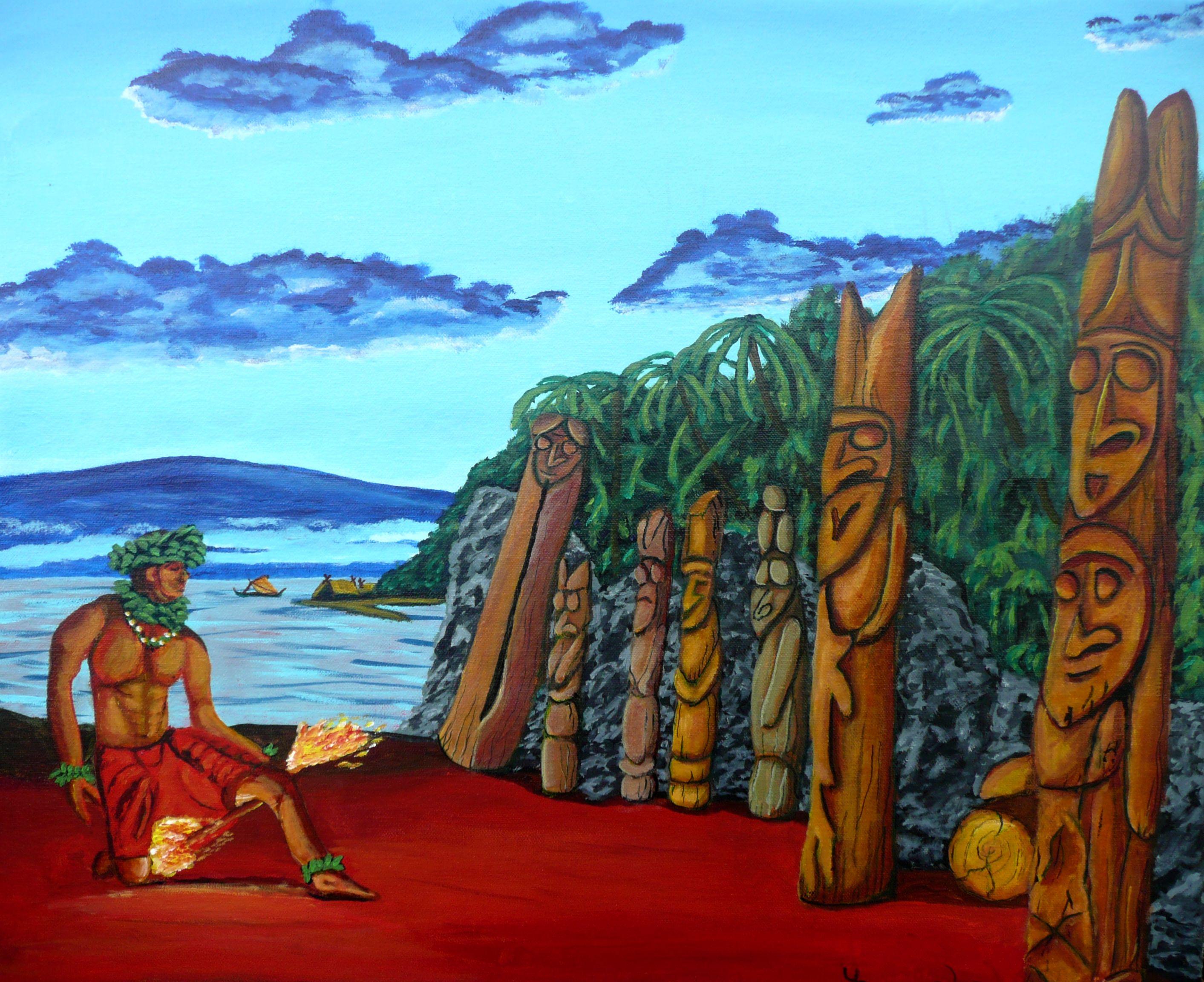 In an ancient ceremony a young Hawaiian man offer homage to the gods through a dance of fire. This cultural painting has been created using only professional grade acrylics on canvas. the image is 16X20 inches with lots of extra canvas for