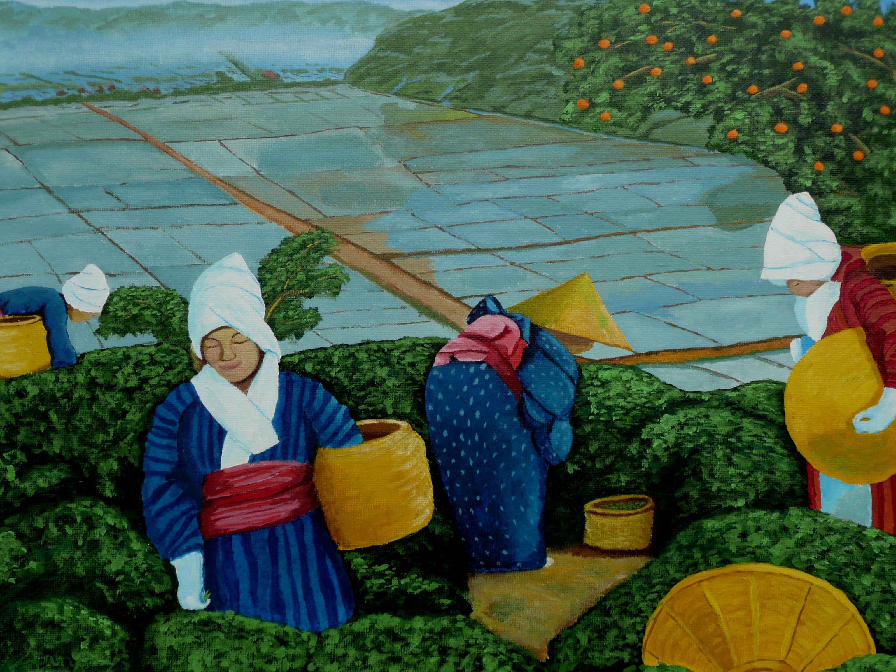 Picking Green Tea, Painting, Acrylic on Other