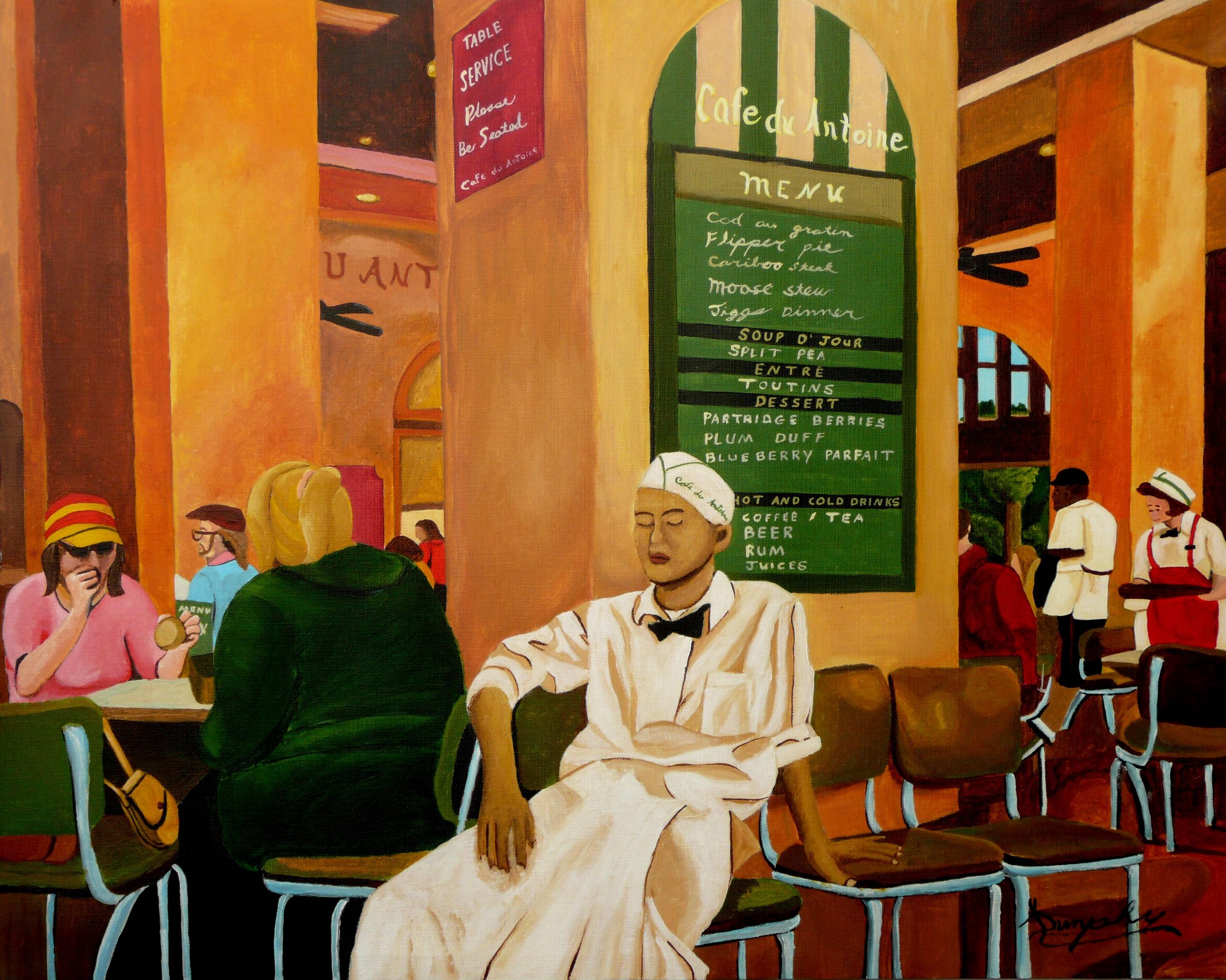 A humorous painting of a cafe waiter taking a break from his hectic day under a sign which says,"Please be Seated". This painting, done in the light hearted form is guaranteed to make you smile. :: Painting :: Contemporary :: This piece comes with