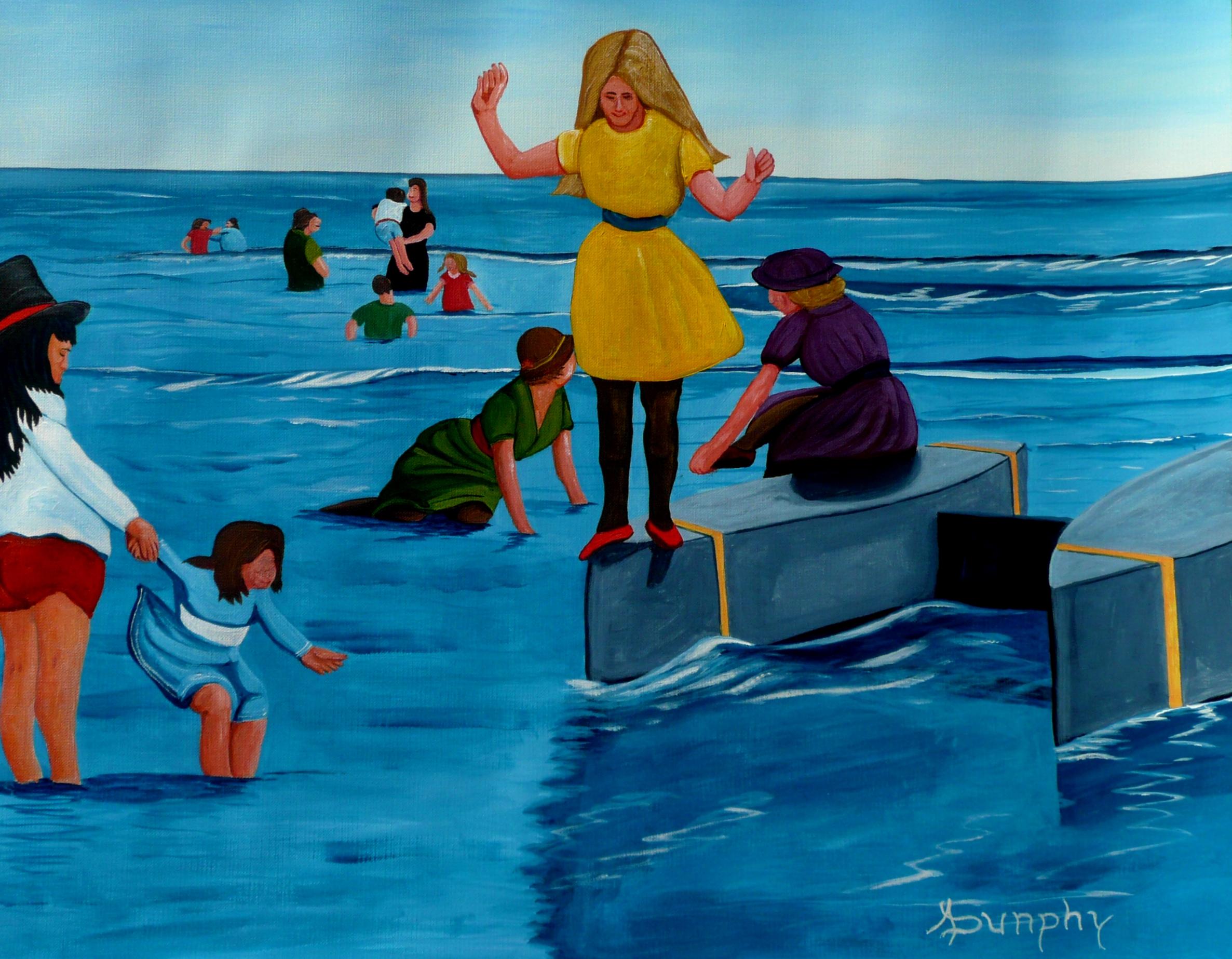 A family is enjoying the water in the shallows with a pontoon. :: Painting :: Impressionist :: This piece comes with an official certificate of authenticity signed by the artist :: Ready to Hang: No :: Signed: Yes :: Signature Location: front right