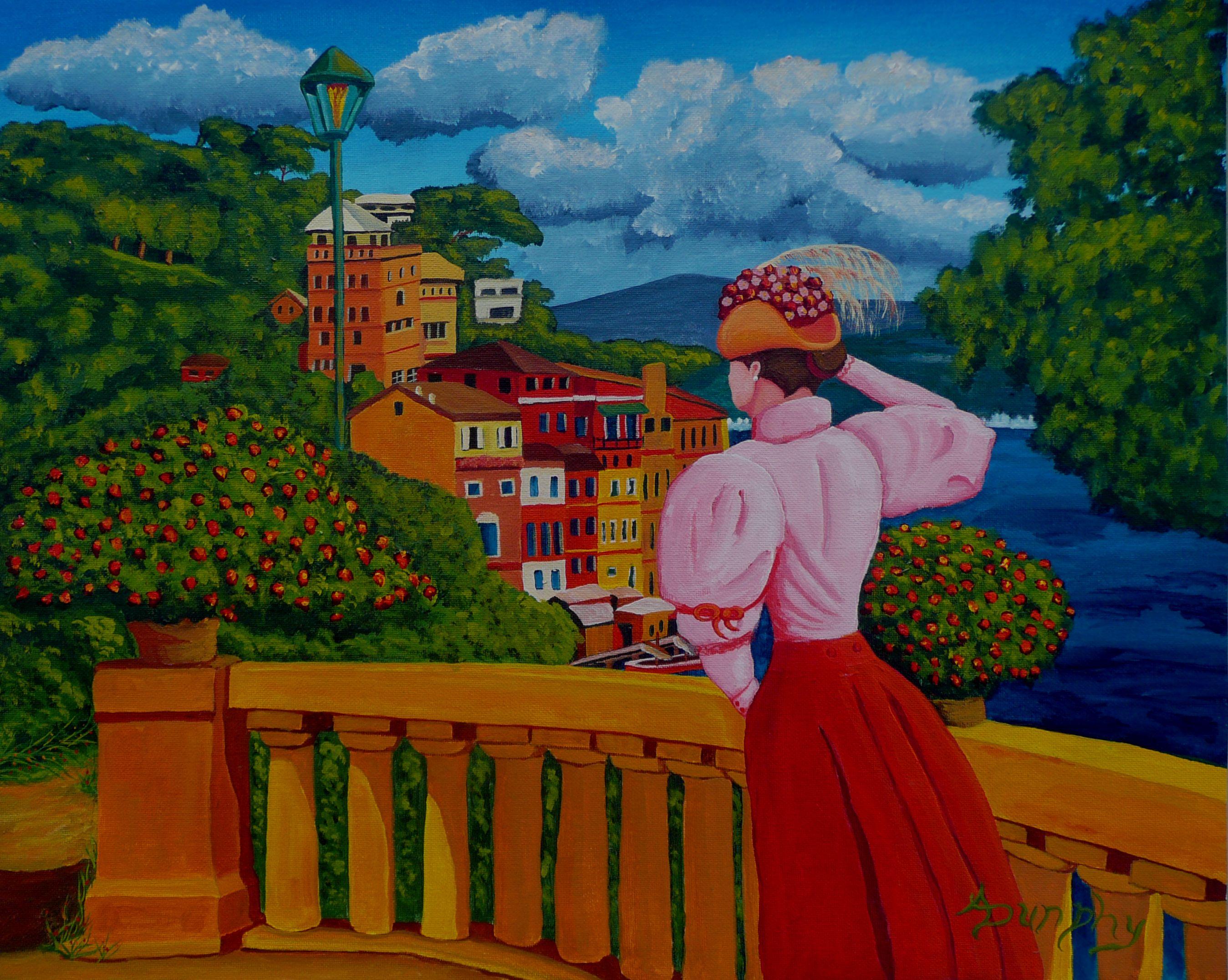 I love Italy! The buildings that crowd the sea in their beautiful array of colours are eye catching for me and I have to paint them.      A beautiful, young lady in Edwardian clothing stands on a balcony overlooking the colorful town of Portofino on