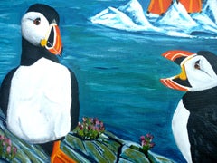 Puffin Gossip, Painting, Acrylic on Canvas
