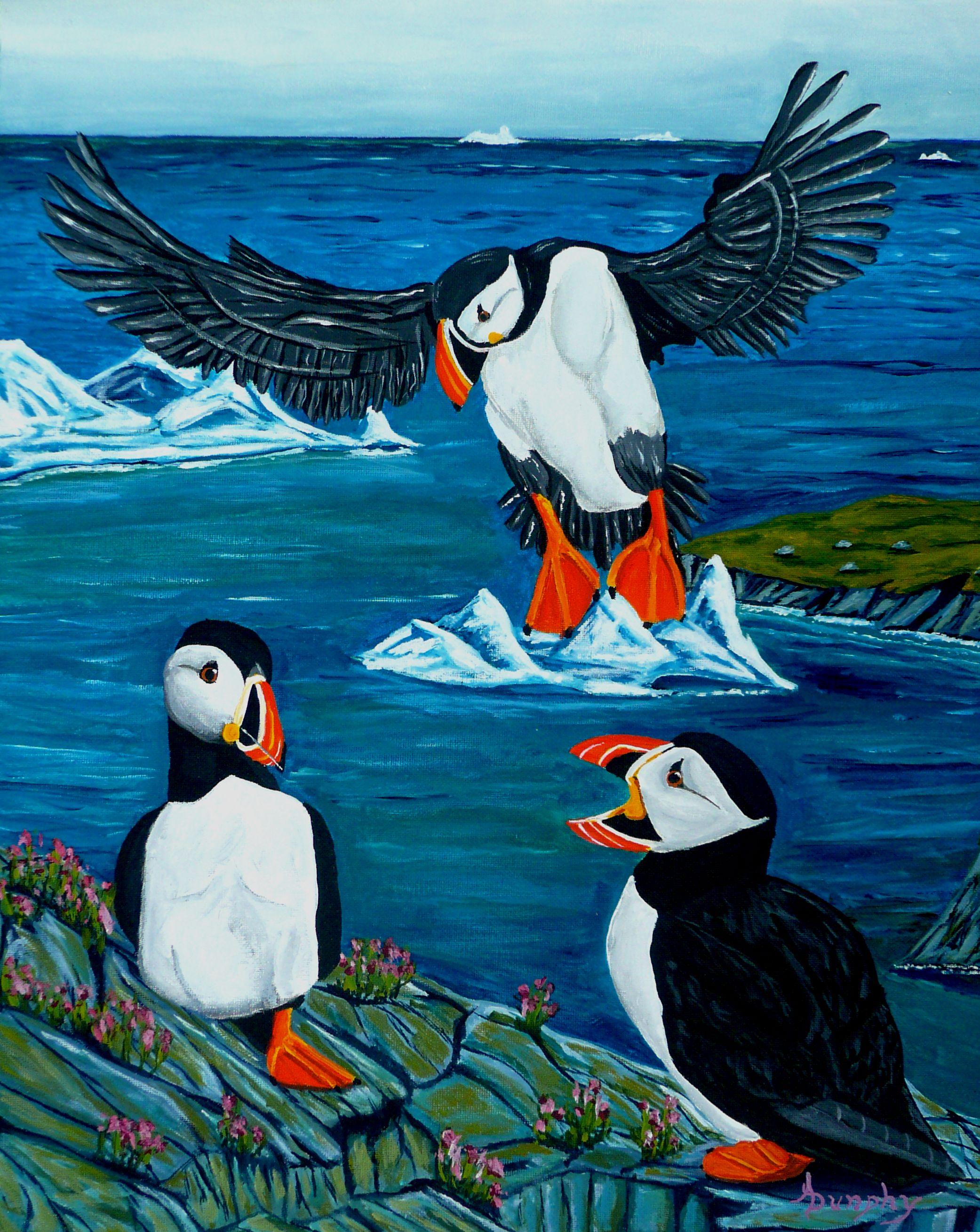 Puffin Gossip, Pittura, Acrilico su tela - Painting di Anthony Dunphy