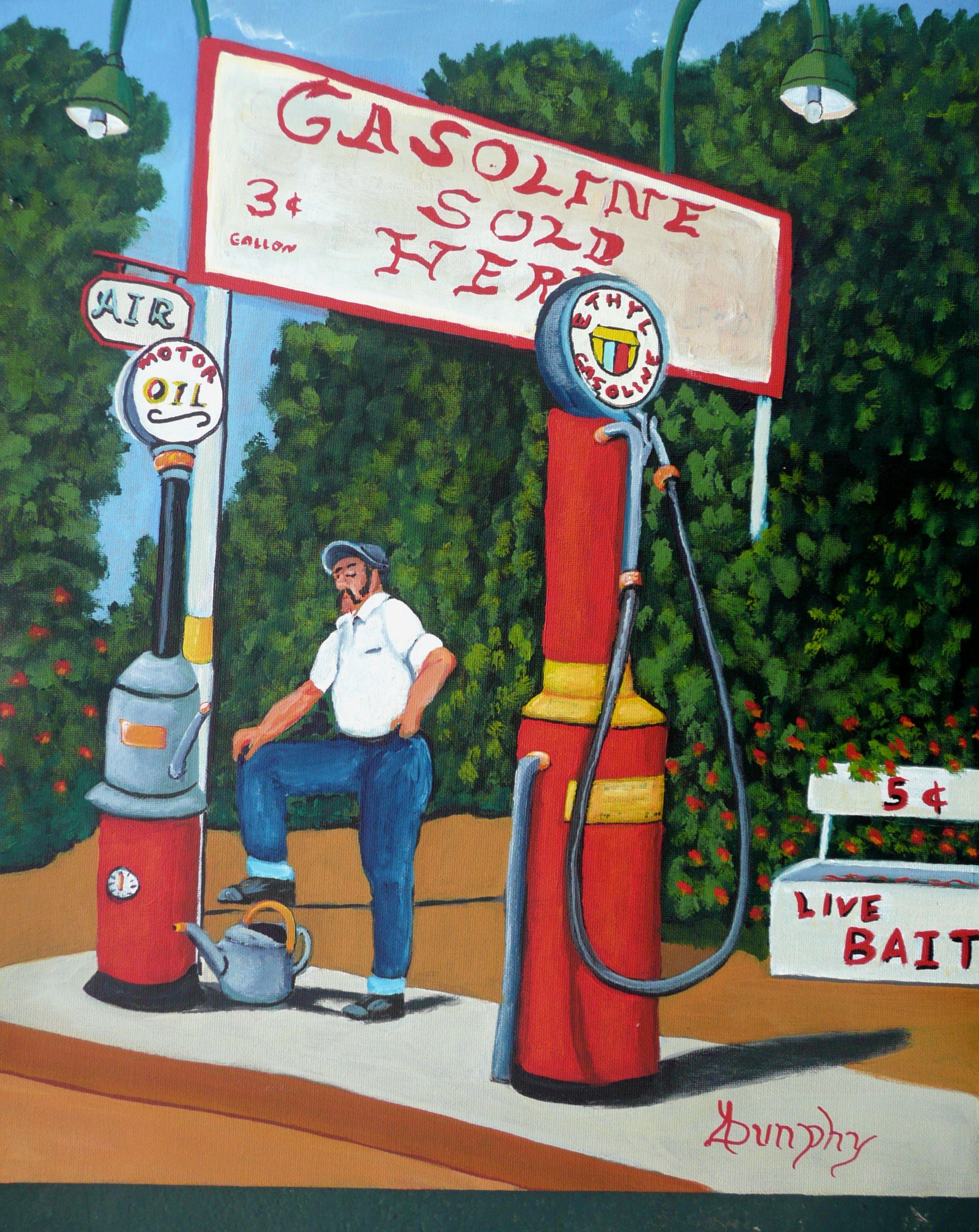 A service station attendant stands ready to serve his customers who come to fuel up their automobiles. This rural gas station was typical of the small service outlets which dotted the countryside back in the early days of motoring. This painting has