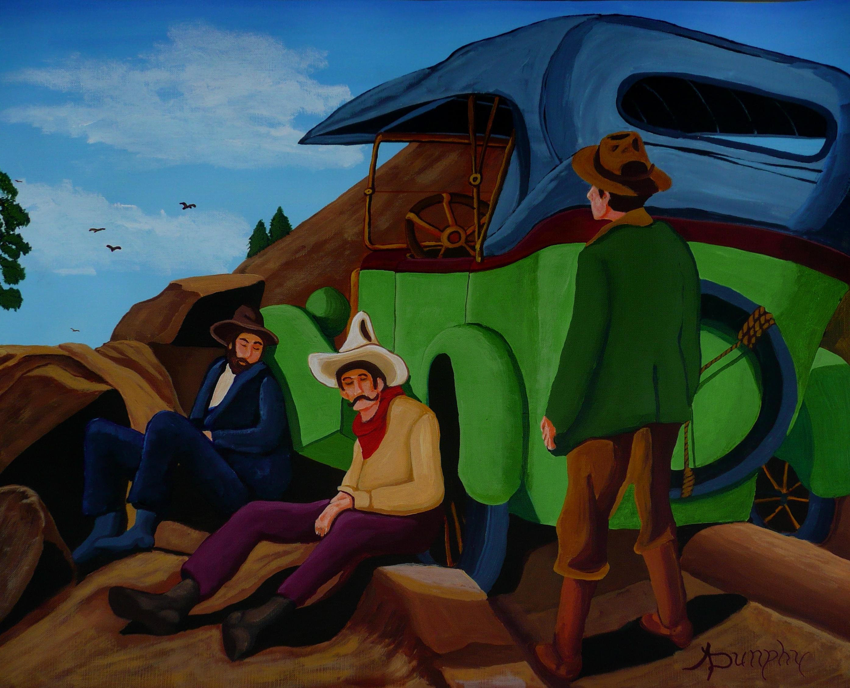 Three young adventurers are having a rest after climbing their Model T Ford to the top of a mountain.This painting was done on durable canvas paper and is 40X50 cms or 16X20 inches and is coated wityh a clear varnish to protect the surface from dust