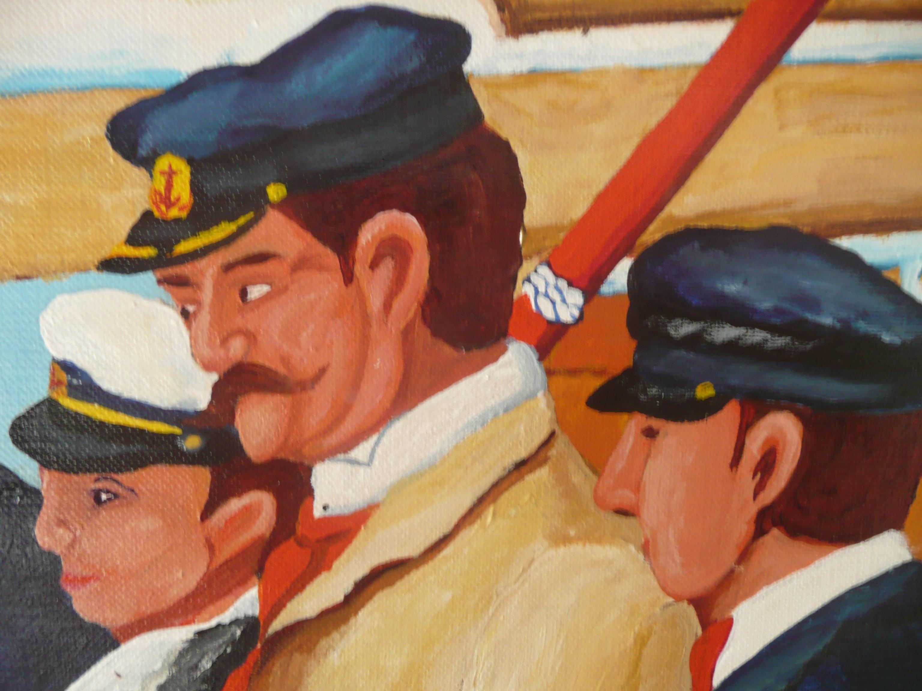 Questa scena di bordo di quattro marinai che si sono assunti il compito di restituire il ventaglio perduto di una giovane e bella signora è stata creata utilizzando solo acrilici di qualità professionale su carta canvas da 118 lb di qualità