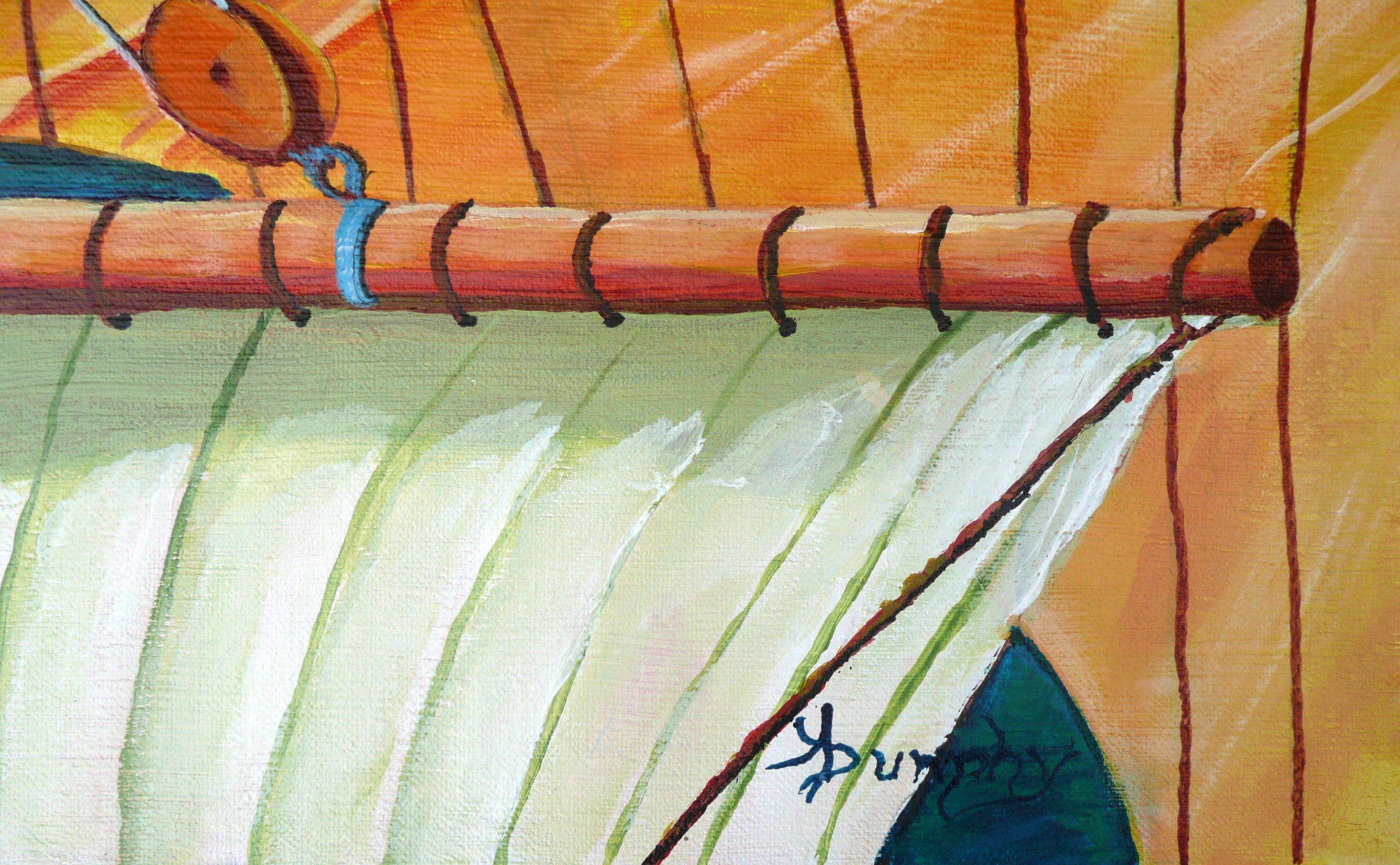 In questo dipinto è raffigurato un marinaio che lavora in cima all'albero maestro mentre le vele si riempiono di vento. Una bella vista sul mare e sulle altre imbarcazioni. Questo quadro marino è stato realizzato con acrilici di qualità