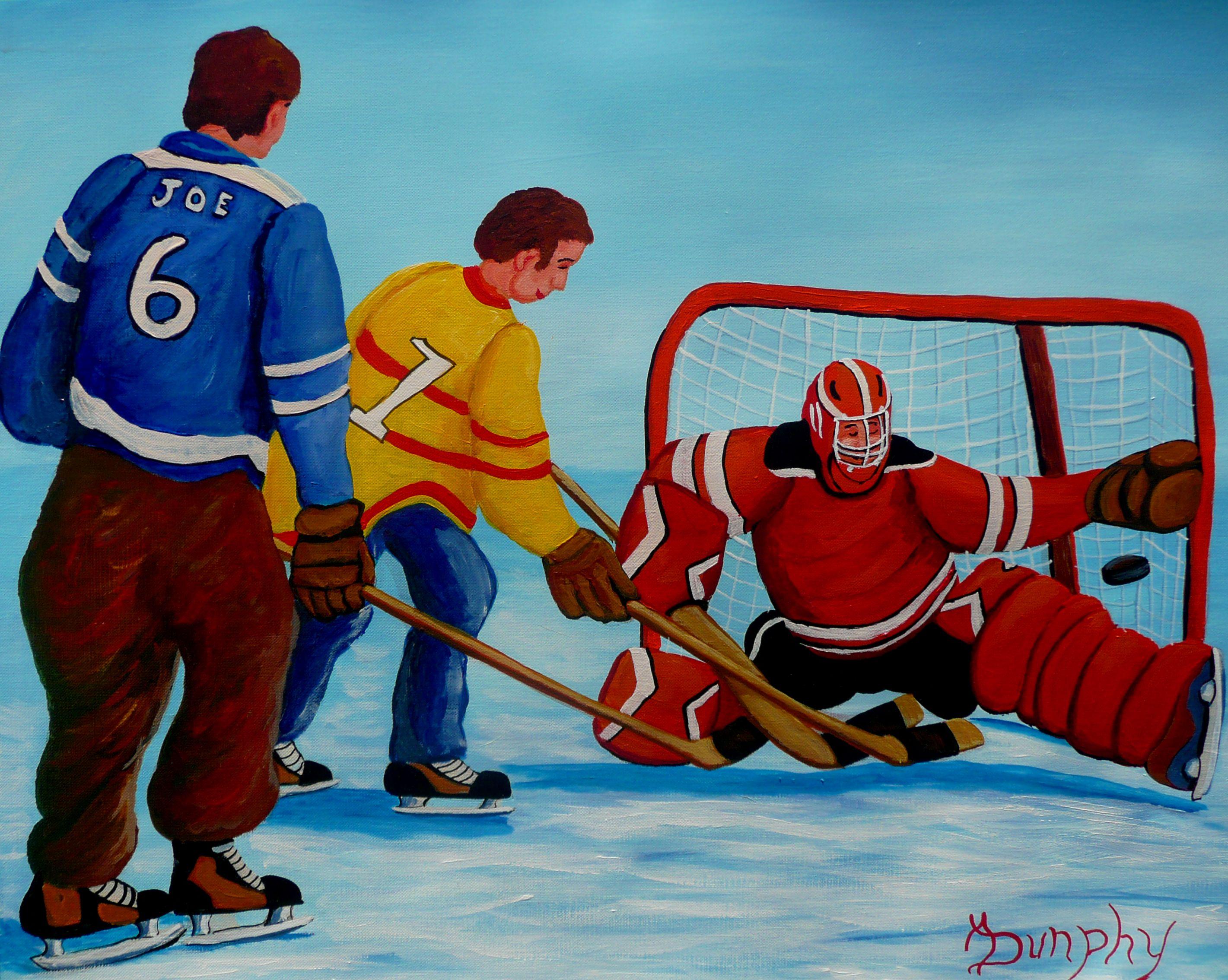 During a pick up game between friends, two players rush the goal in hopes of getting the puck past the goalie. Will he make the save?  This sports painting has been created using professional grade acrylics on 118 lb archival quality canvas paper.