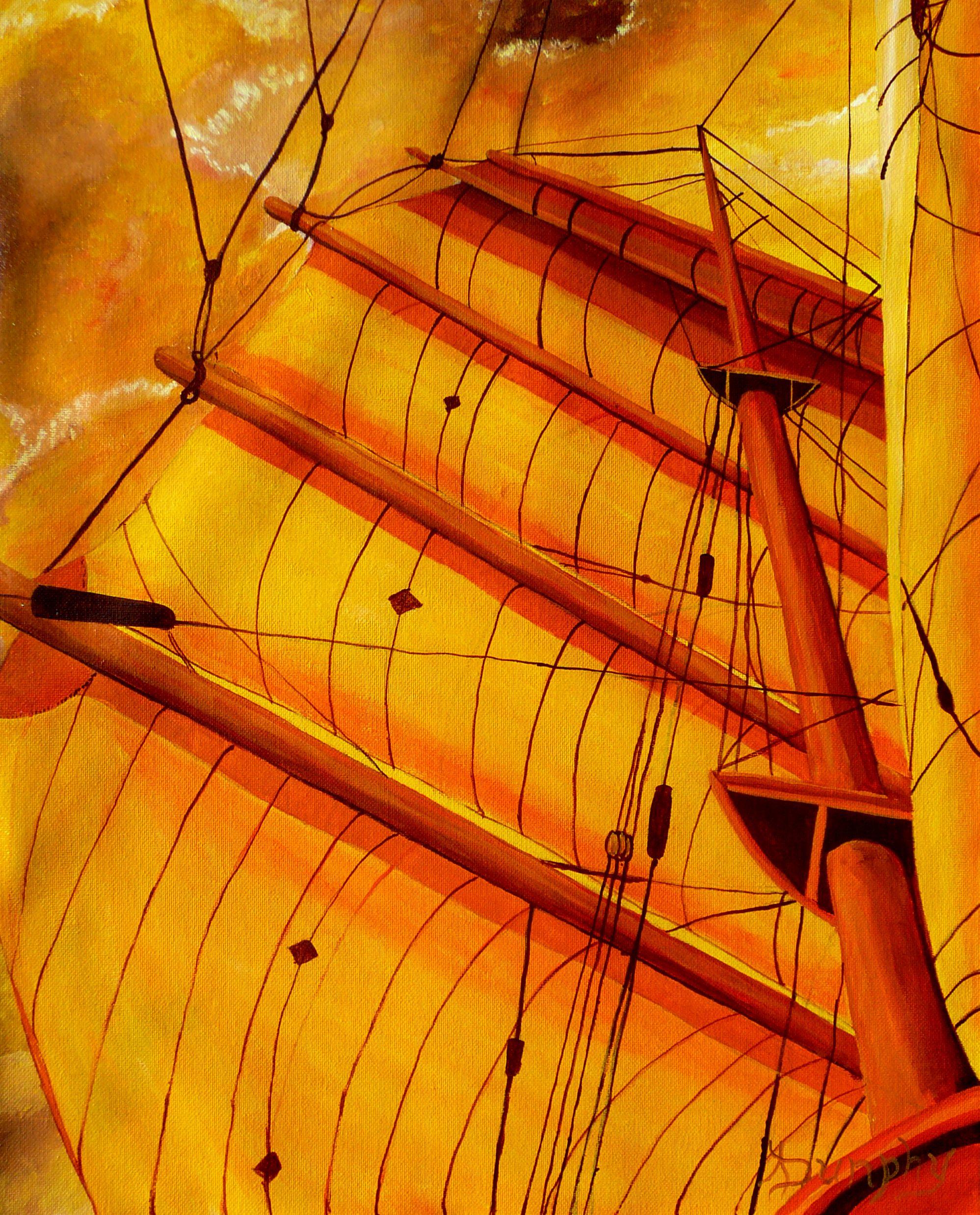 Under a glowing morning sky filled with dramatic golden clouds a ship passes by while the sails are painted with the gold of the sunrise.  This painting has been created using professional grade acrylics on canvas. It has been coated with clear
