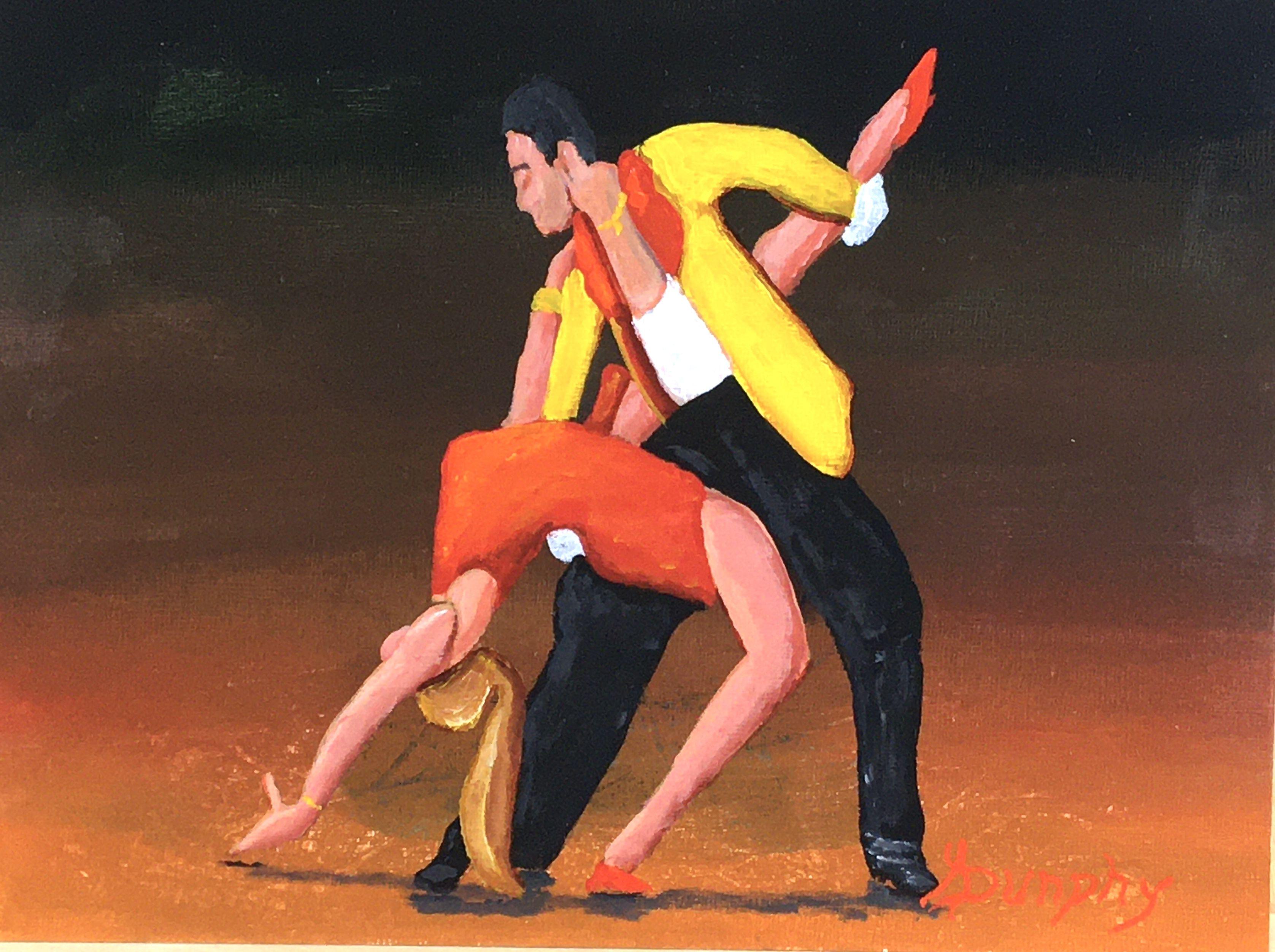 The sexy music known as Salsa has inspired this painting of a young couple swaying rhythmically to the sounds. This painting has been created using professional grade acrylics on pressed card stock. :: Painting :: Impressionist :: This piece comes