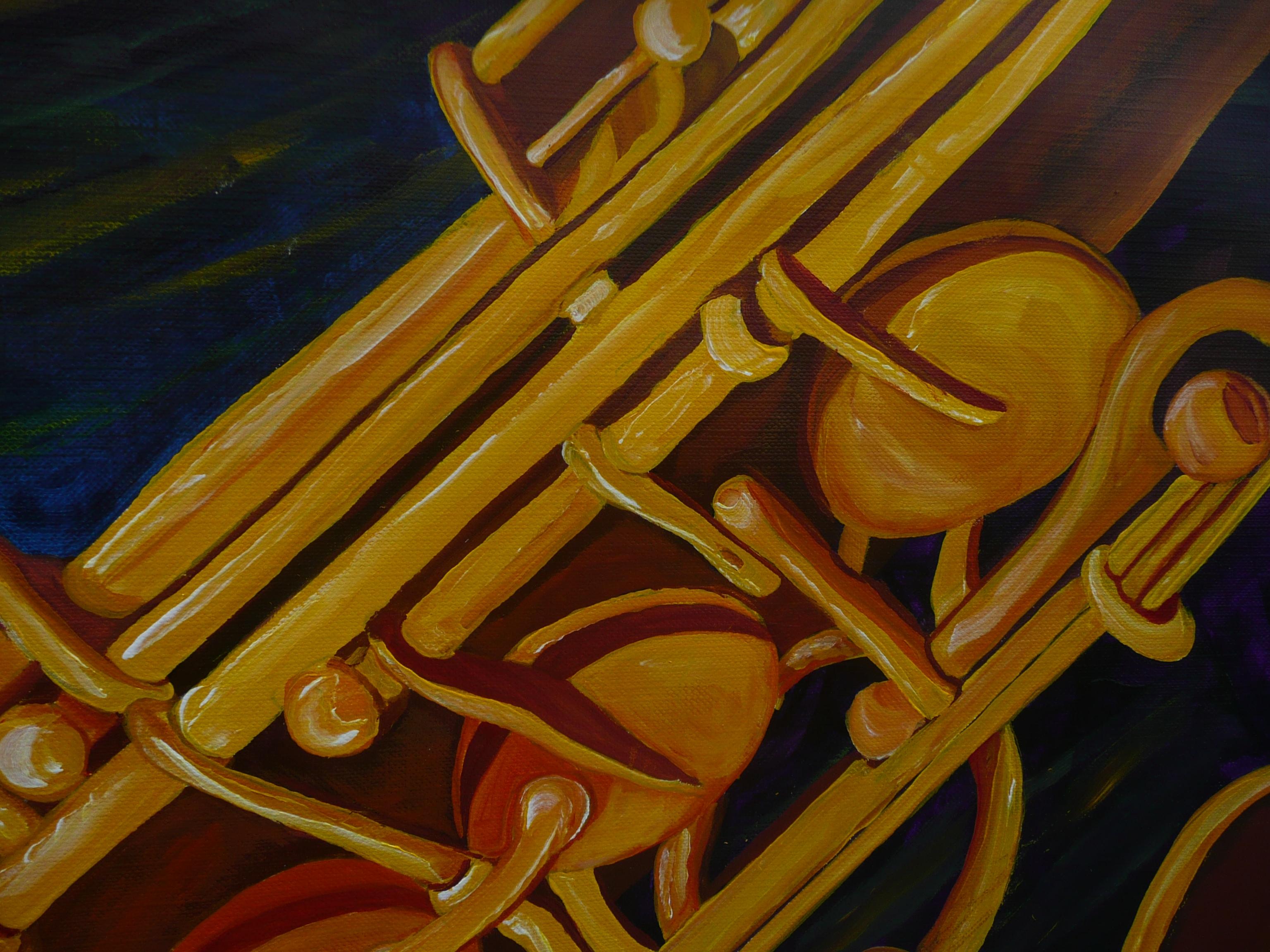 This painting of a saxophone has been created using acrylics on archival quality canvas paper. To protect the surface of the painting from dust and harmful sunlight I have given the painting a coating of water varnish.  It is 20X16 inches which