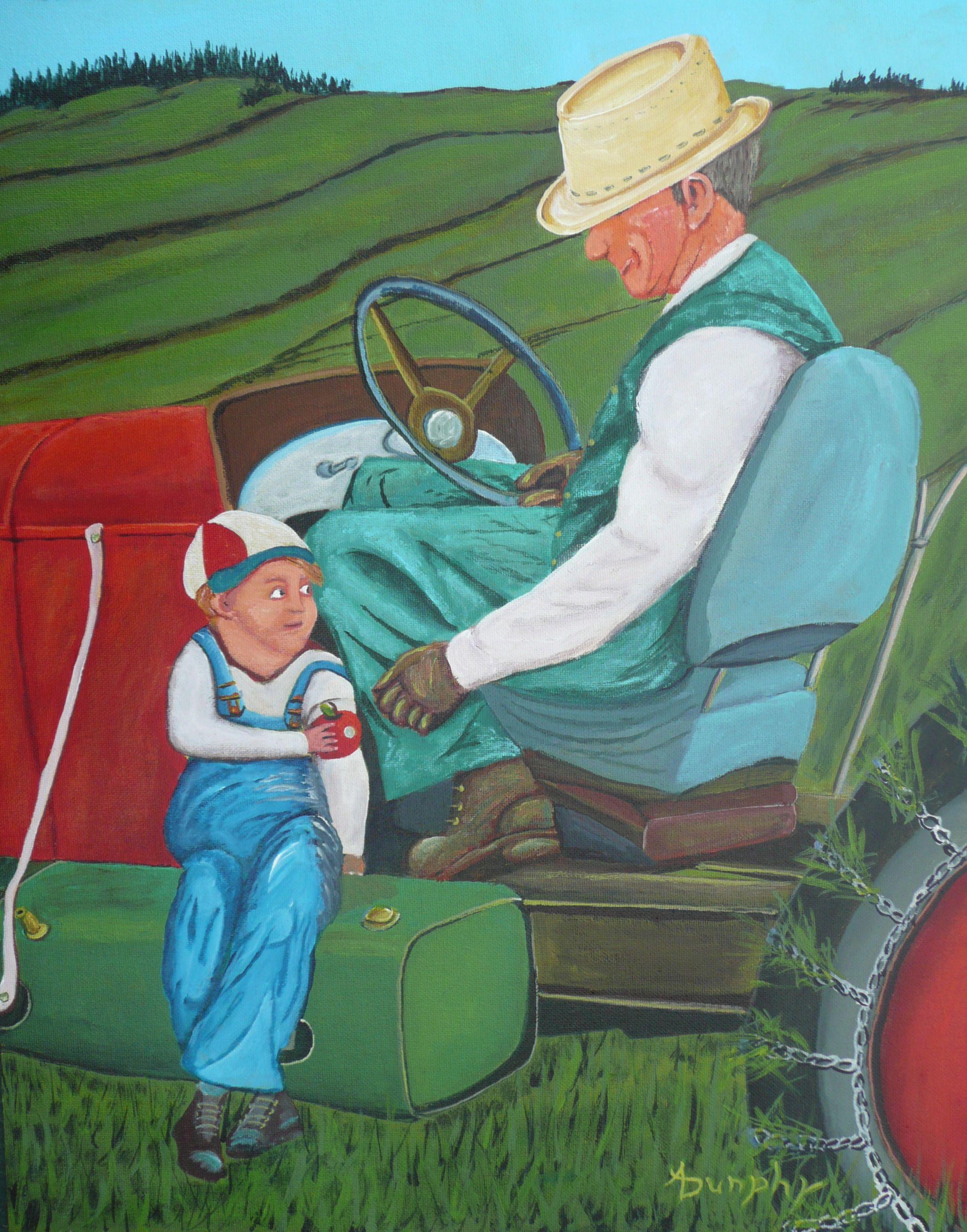 Set during the depression, this father and son sit on his homemade tractor enjoying the day, each others company and an apple. Surely, the best things in life are free. This rural painting has been created using only professional grade acrylics on a