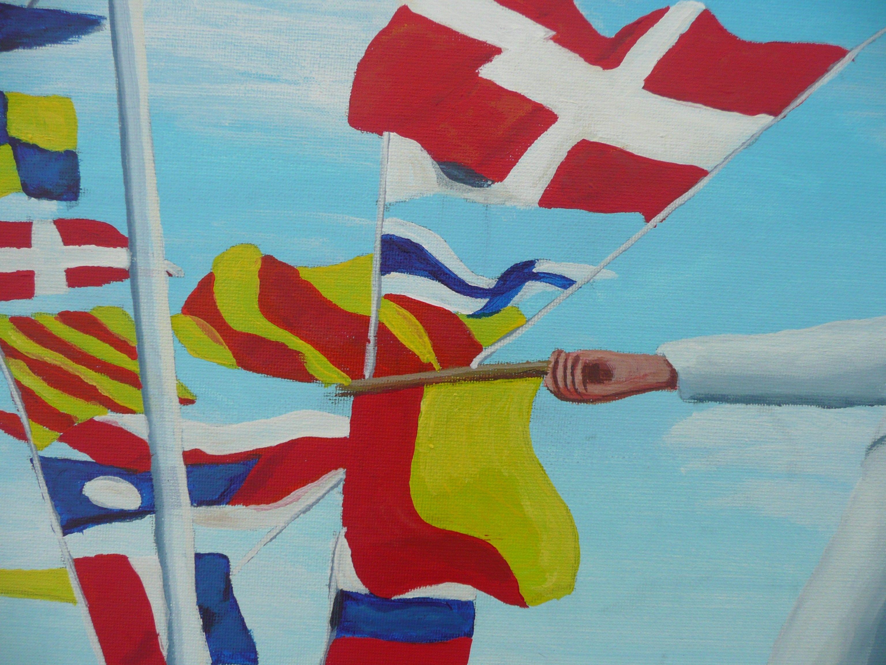 A Naval Signalman is sending a message via semaphore flags in front of a background of flying signal flags. This is a bright and cheerful scene which will enliven your day and mood. This nautical painting has been created using only professional