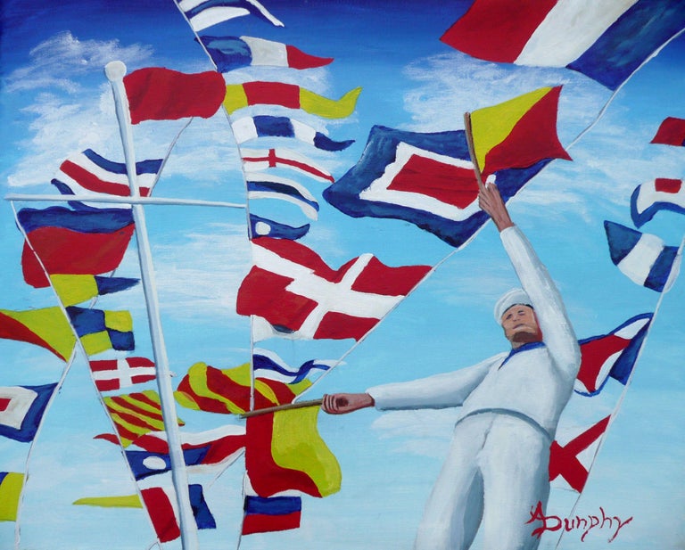A Naval Signalman is sending a message via semaphore flags in front of a background of flying signal flags. This is a bright and cheerful scene which will enliven your day and mood. This nautical painting has been created using only professional
