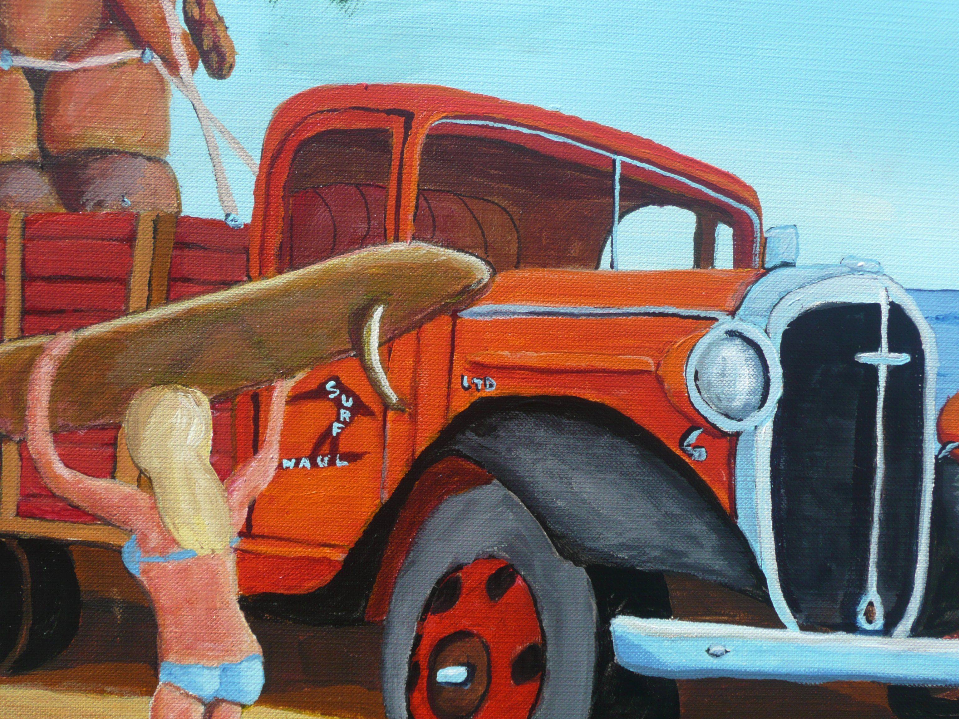 Ein neues Tiki wird an einen beliebten Surfstrand geliefert. Dieser Gott wird die Surfer vor den wütenden Wassergeistern schützen.  Dieses Surfer-Gemälde wurde nur mit professionellen Acrylfarben auf einem ungespannten 300-Pfund-Leinwandpapier