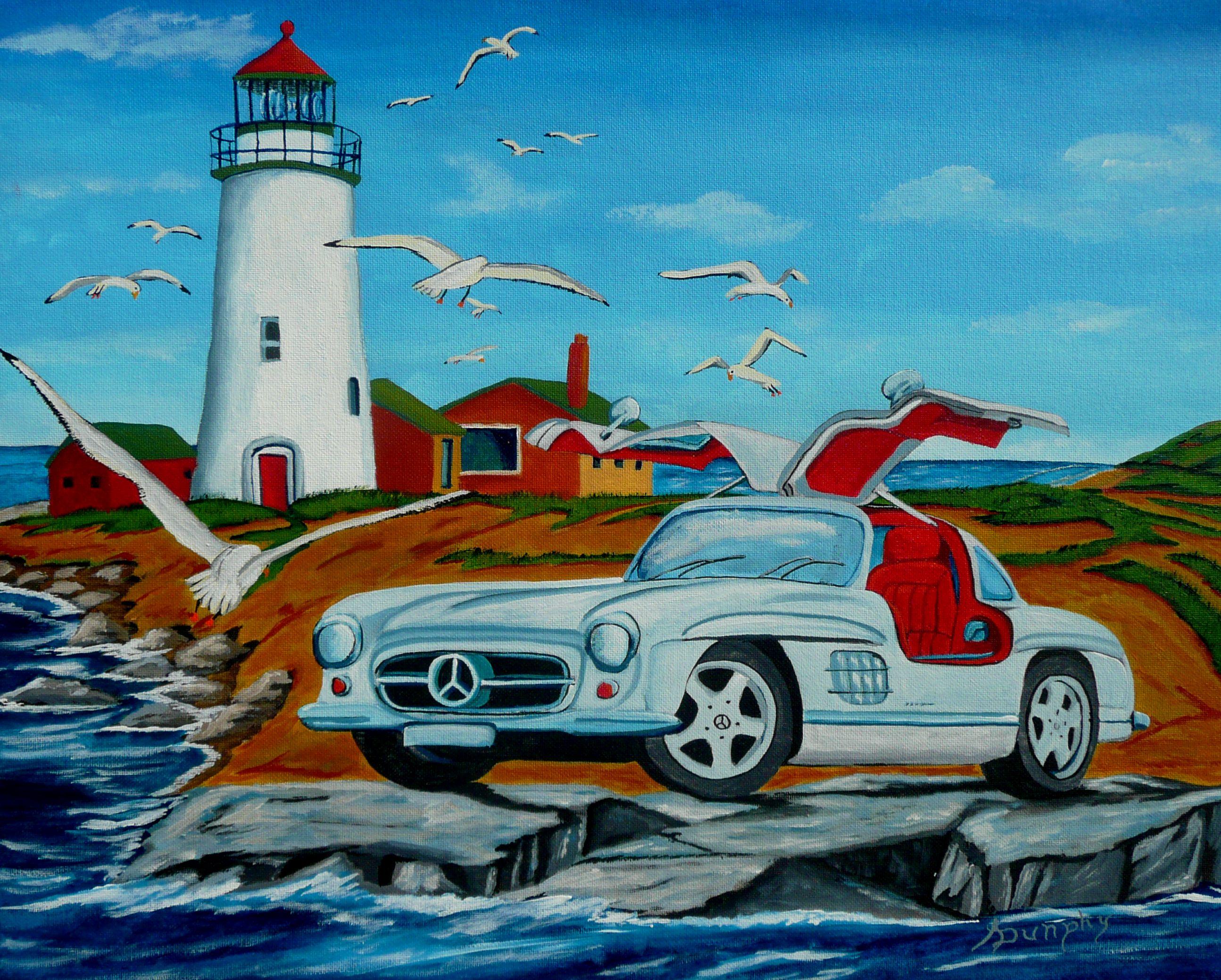This is a whimsical piece based on a word play whereupon the classic 1954 Mercedes Benz has "Gullwing" door. The car appears ready to take to the skies and join the flock.  This painting has been created using professional grade acrylics on