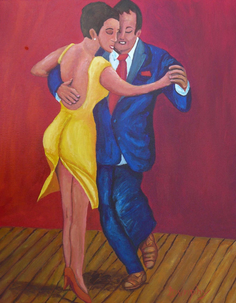 Feeling the rhythm of the music, this couple are having a fine time swaying and stepping out to the beat. The faces of the couple demonstrate the enjoyment they are feeling.   I have used professional grade acrylics only on this painting on a flat