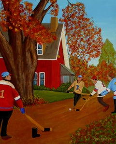 Street Hockey In Autumn, Painting, Acrylic on Paper
