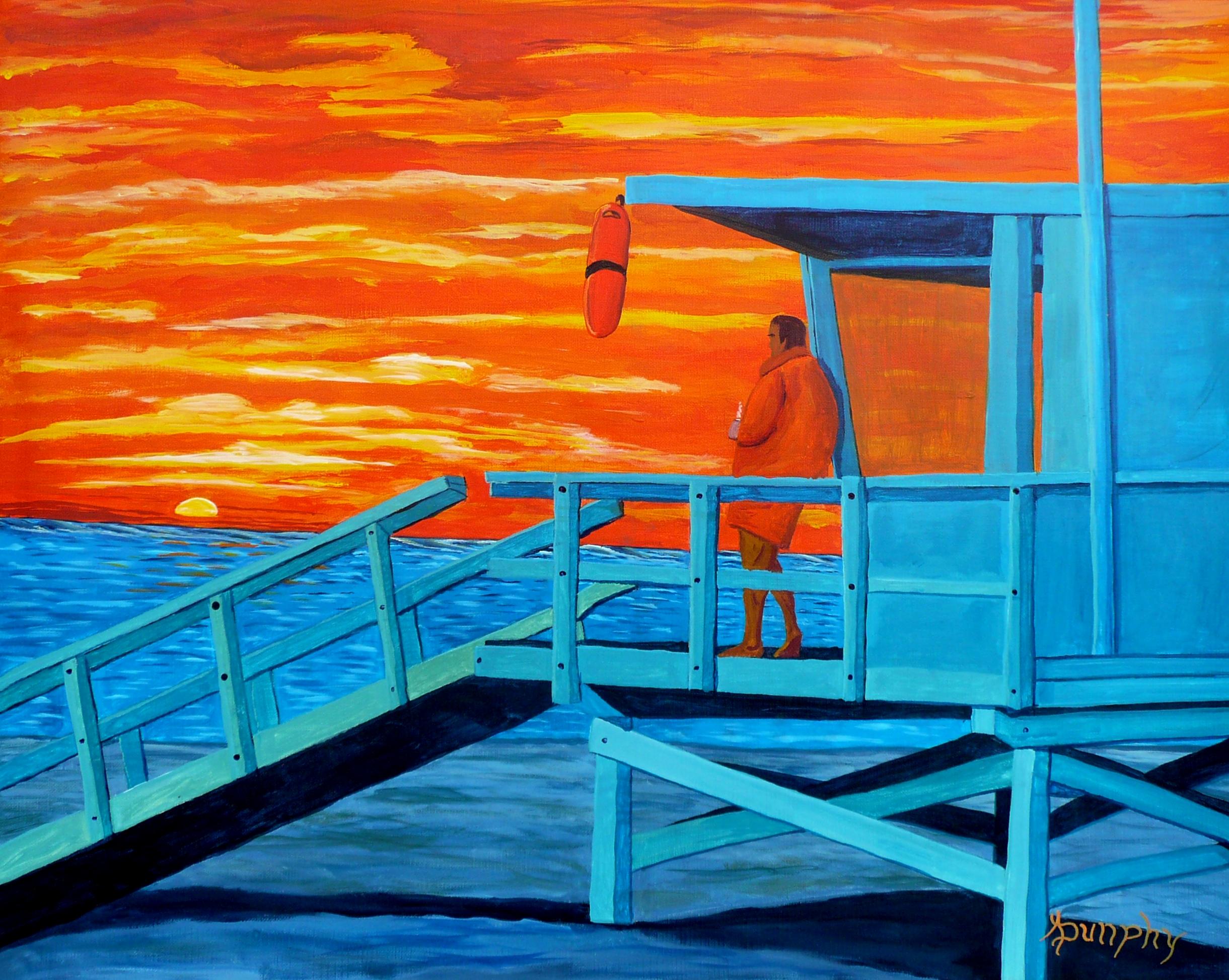 The last day of summer has come! This lifeguard is enjoying the golden sunset as he prepares his tower for the final shutdown.     This painting has been created using professional grade acrylics on archival quality canvas paper. The overall size of
