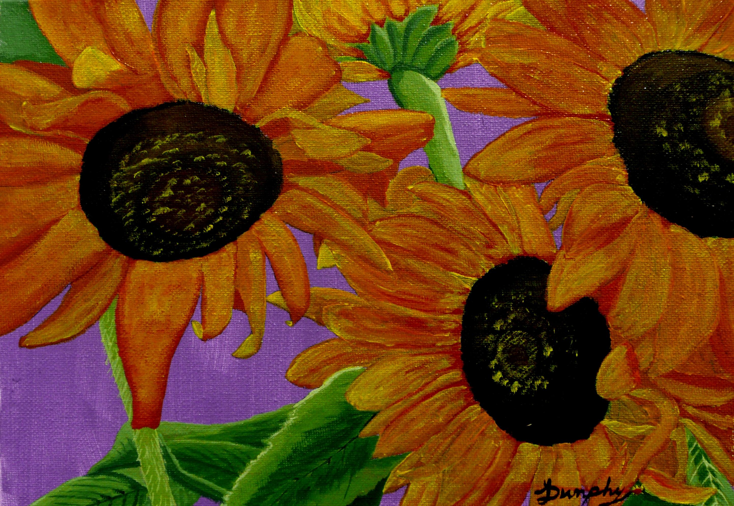 A vibrant painting of that well known artistic subject, the Sunflower. This brilliant painting will bring light and happiness to any decor. It has been created in professional grade acrylics on stretched canvas. It is 9X12 inches or 22X30