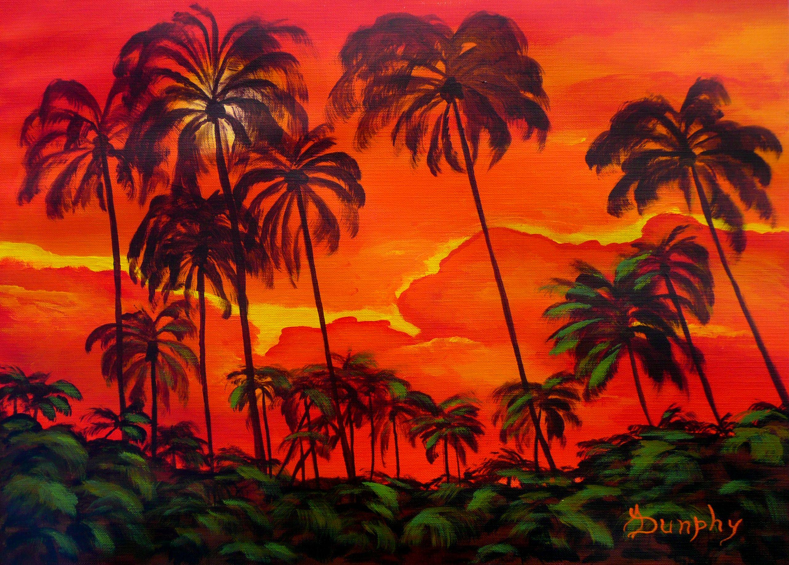 This painting is the fourth in my series from reference shots I took recently on Oahu, Hawaii. I love the sky at sunset. The reds, yellows and oranges make a magical scene.     This painting was created using professional grade acrylics on 118lb